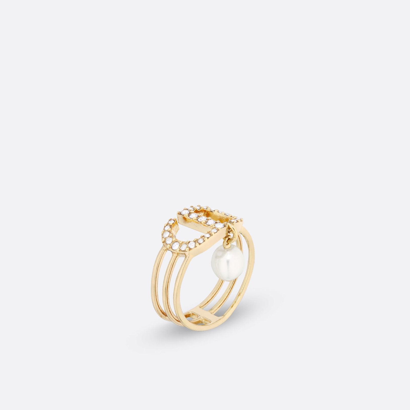 Dior Petit CD Ring Gold-Finish Metal and White Crystals with a White Resin Pearl