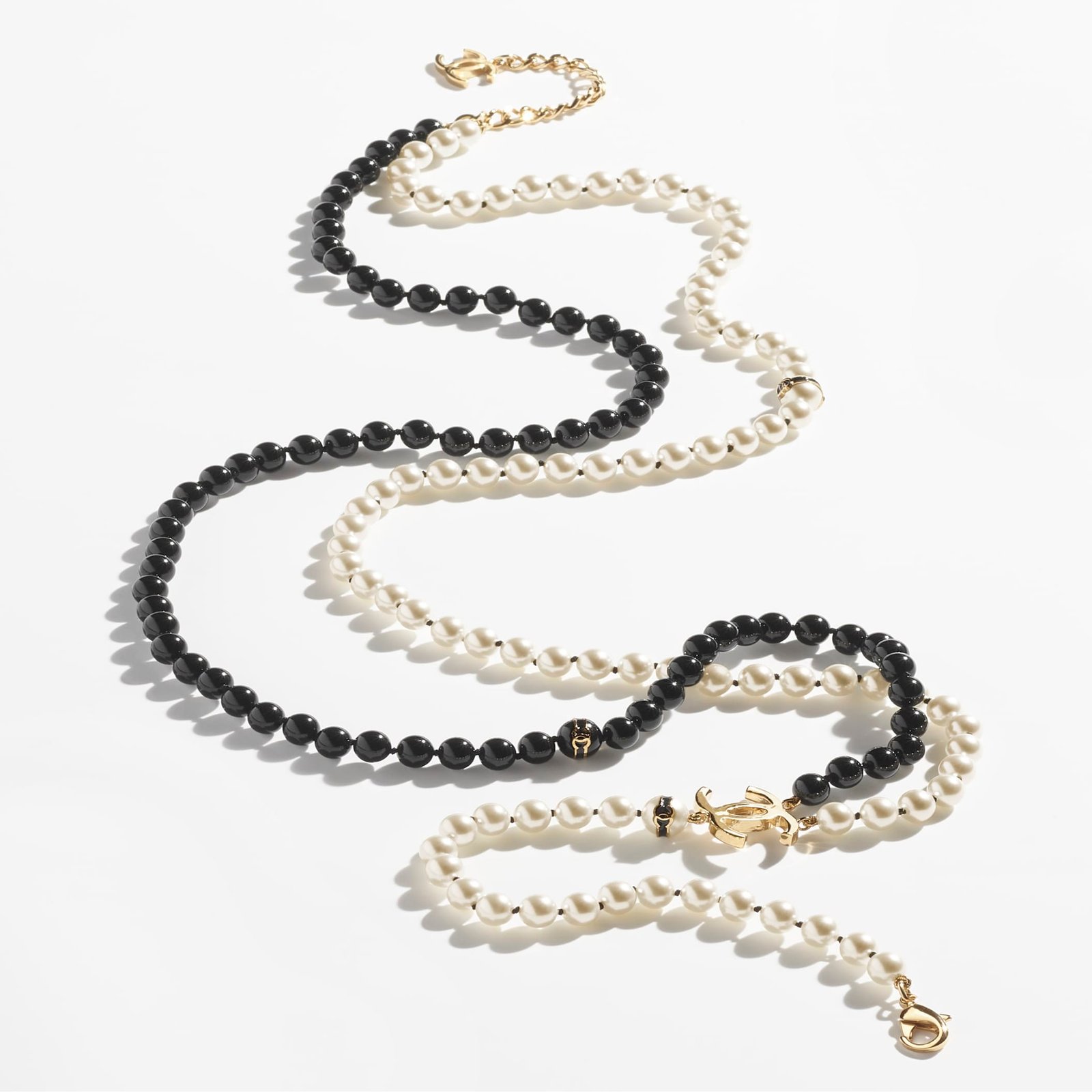 Gold Pearly White & Black long Chanel necklace