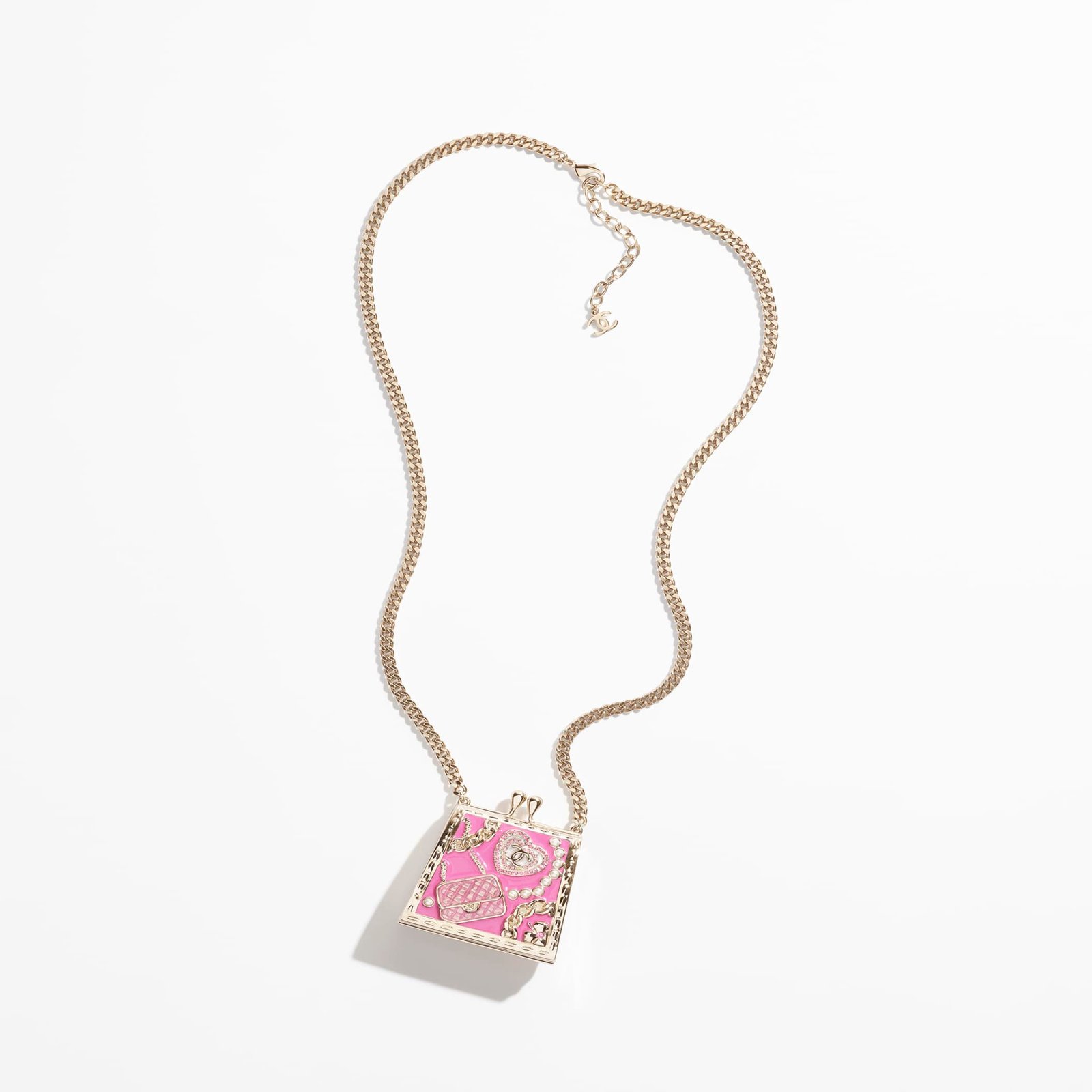 Gold Pink Pearly White & Crystal long pendant Chanel necklace