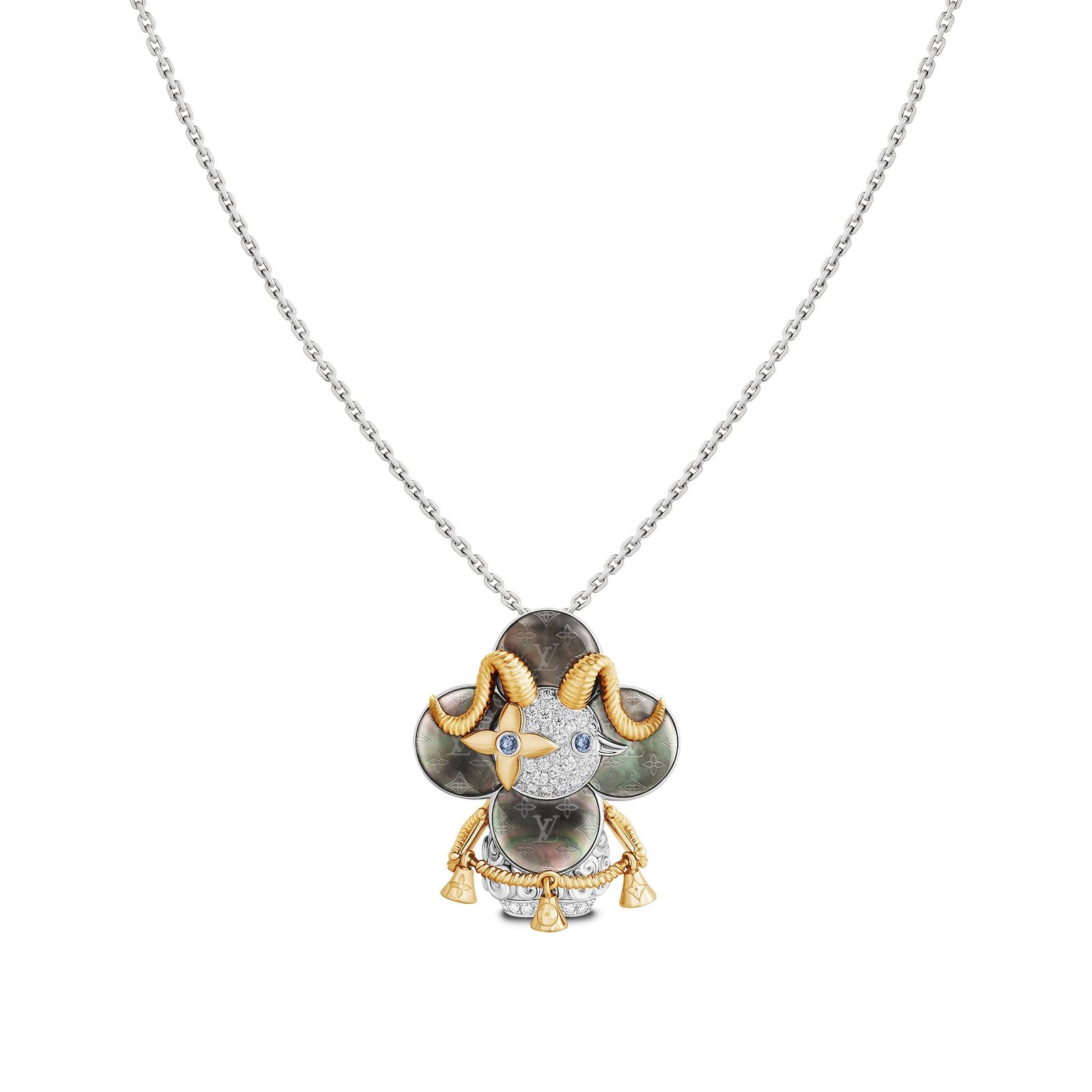 Louis Vuitton Vivienne Sheep Pendant necklace Yellow Gold White Gold Grey Mother-Of-Pearl