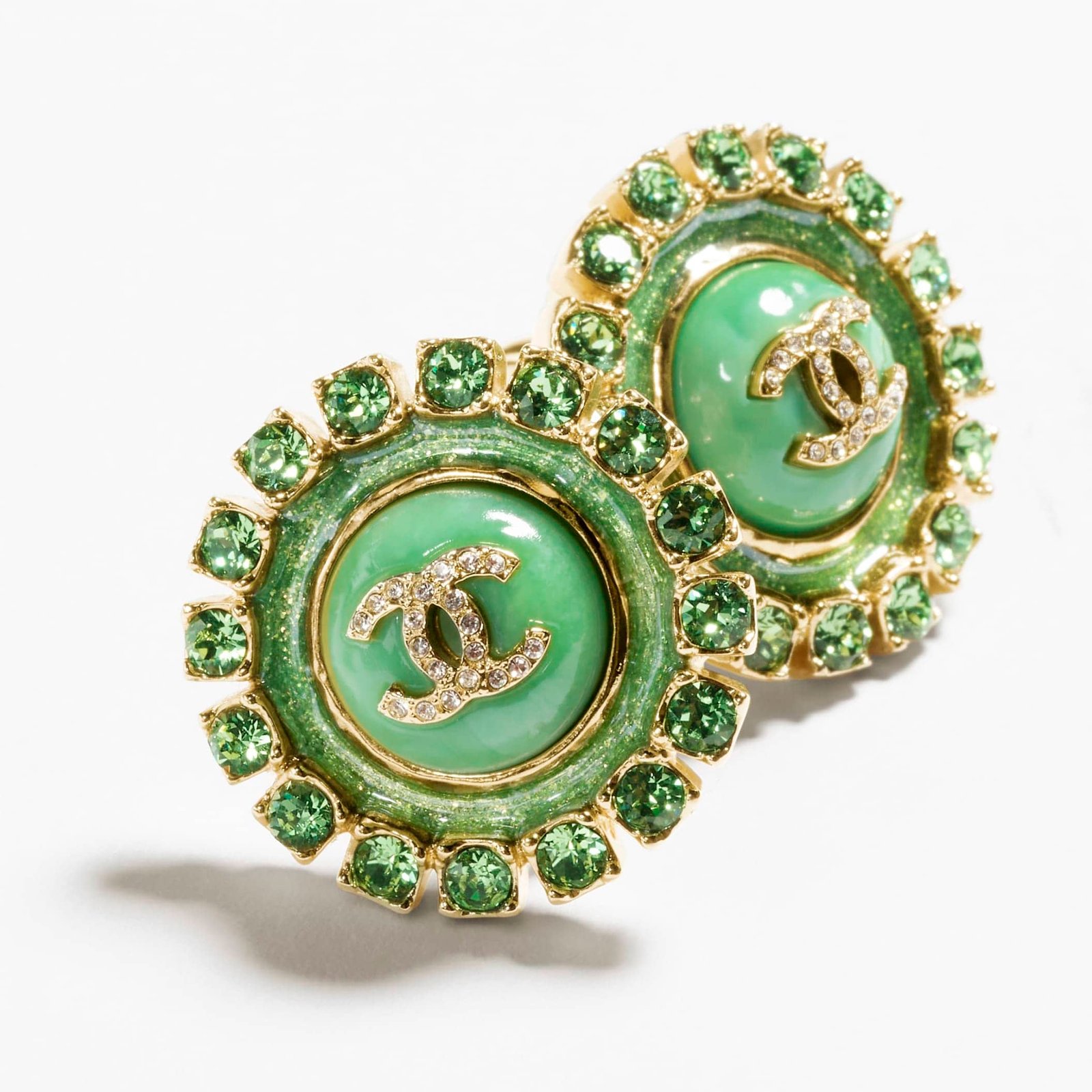 Gold Green & Crystal stud Chanel earrings