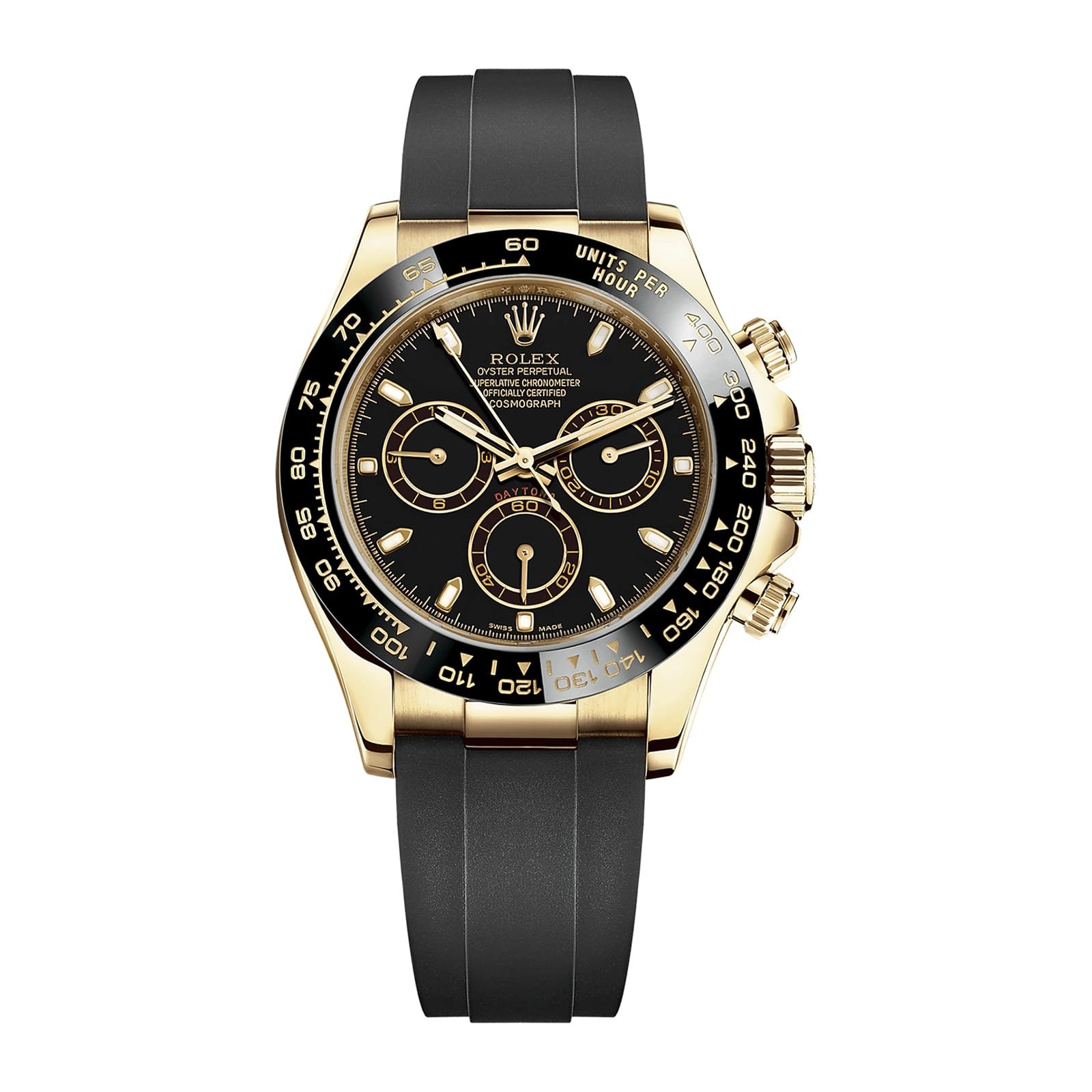 Fake Rolex Replica Watch 40mm Daytona Yellow Gold Black Dial Oysterflex Rubber Bracelet 116518LN