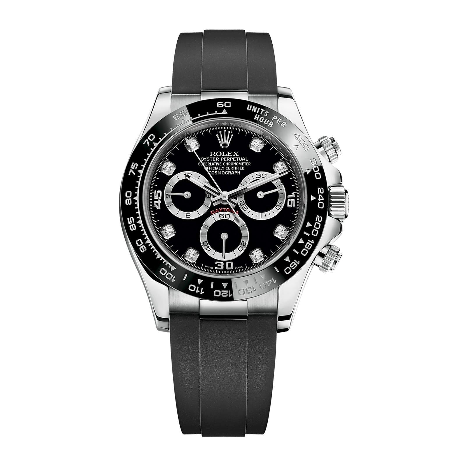 Fake Rolex Replica Watch Cosmograph Daytona 40mm White Gold Black Diamond Dial Oysterflex Rubber Bracelet 116519LN