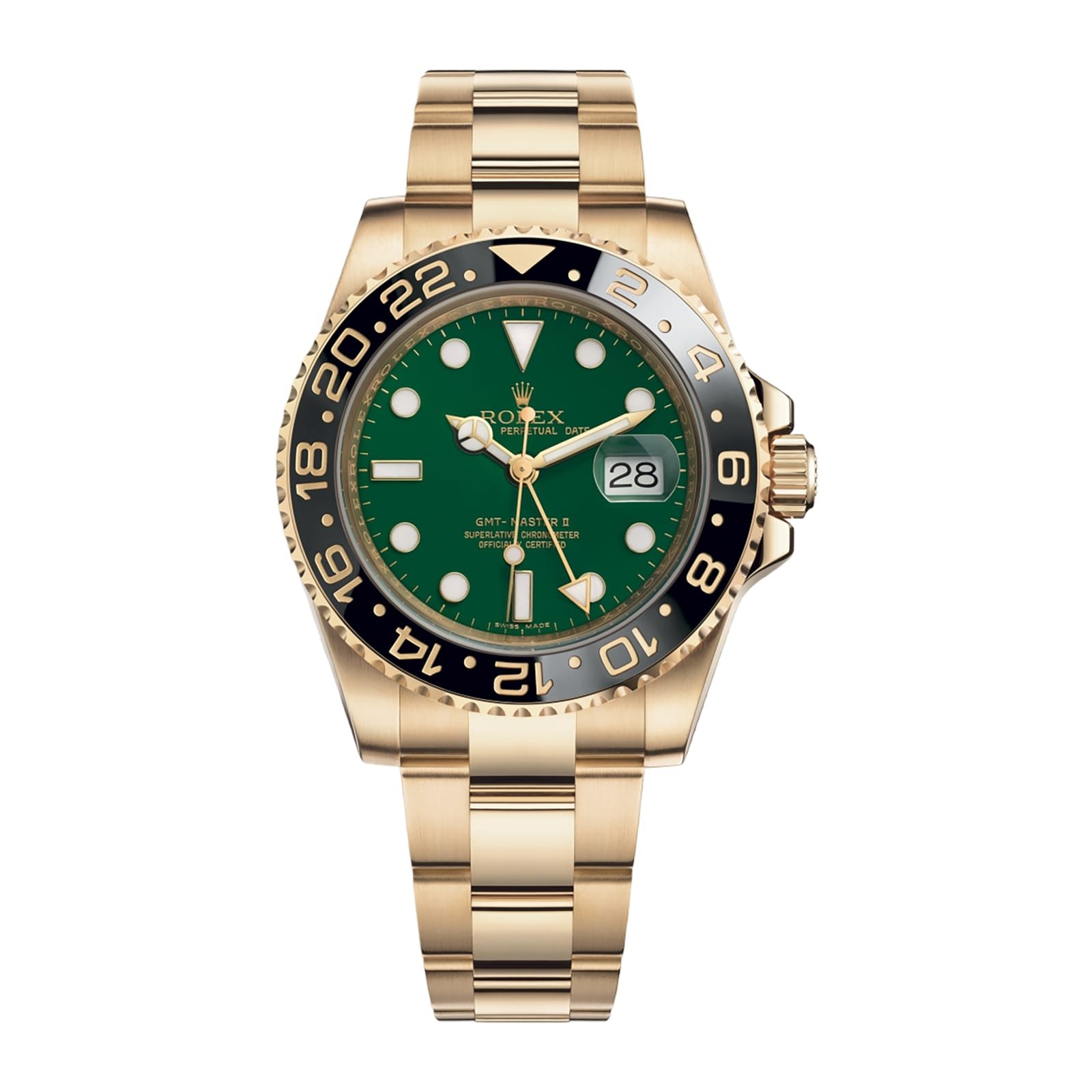Fake Rolex Replica Watch Oyster Perpetual GMT-Master II Yellow Gold Green Dial Oyster Bracelet 116718LN KF