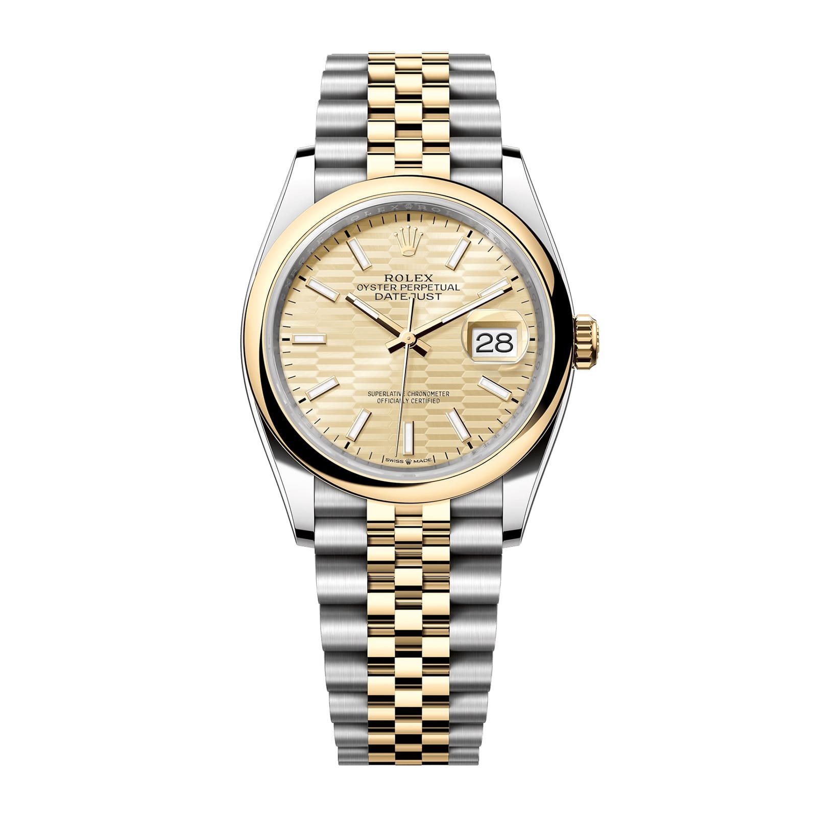 Fake Rolex Replica Watch Datejust 36 Yellow Gold/Steel Golden Fluted Motif Diamond Dial & Smooth Domed Bezel Jubilee Bracelet 126203