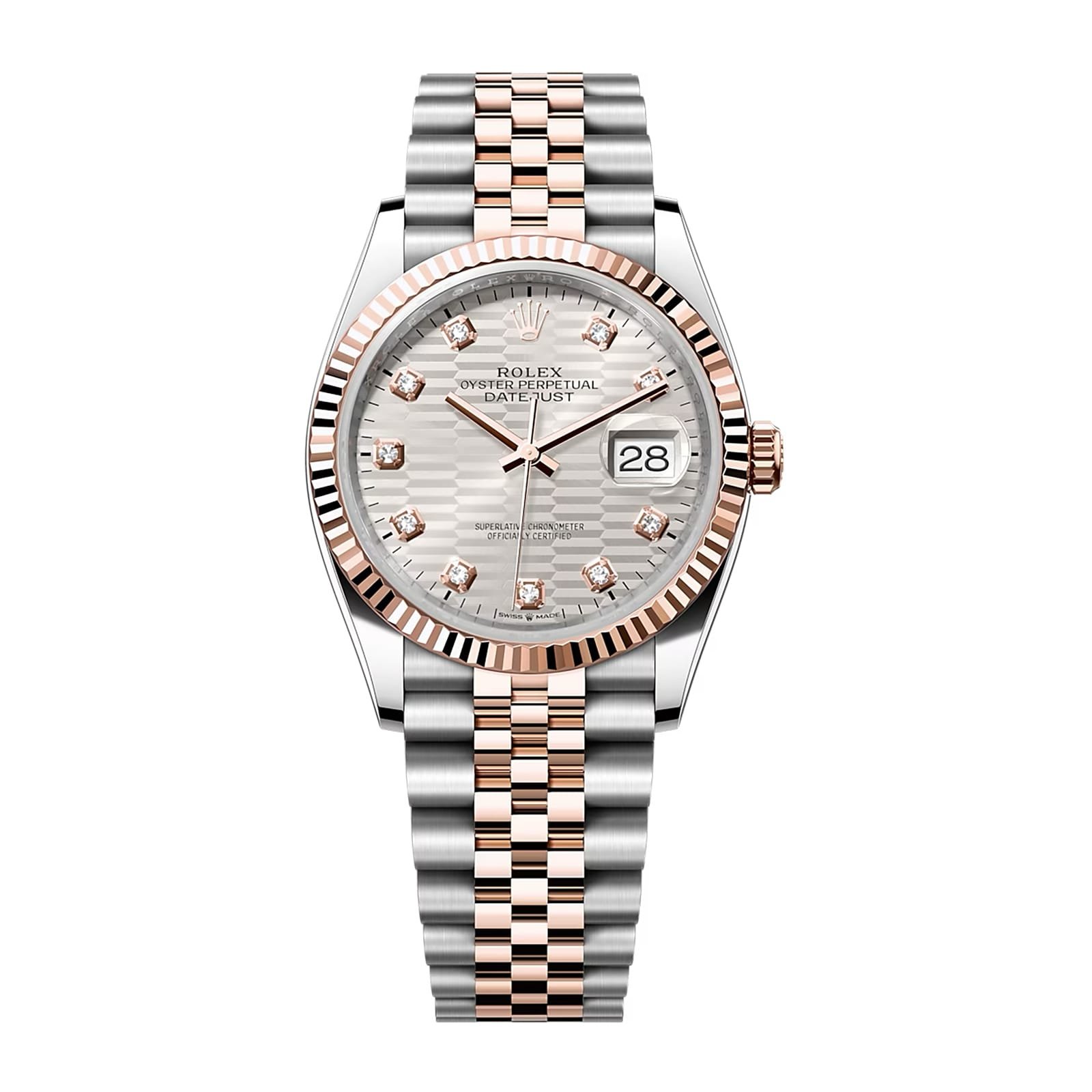 Fake Rolex Replica Watch Oyster Perpetual Datejust 36mm Rose Gold/Steel Silver Fluted Motif Diamond Dial & Fluted Bezel Jubilee Bracelet 126231