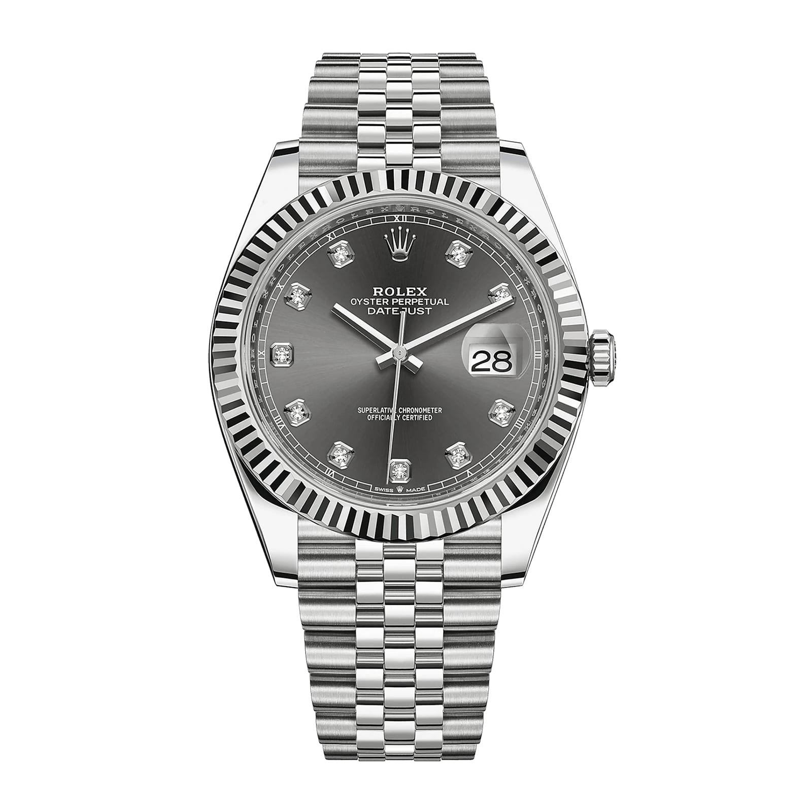 Fake Rolex Replica Watch Datejust 41mm White Gold/Steel Slate Diamond Dial Fluted Bezel Jubilee Bracelet 126334