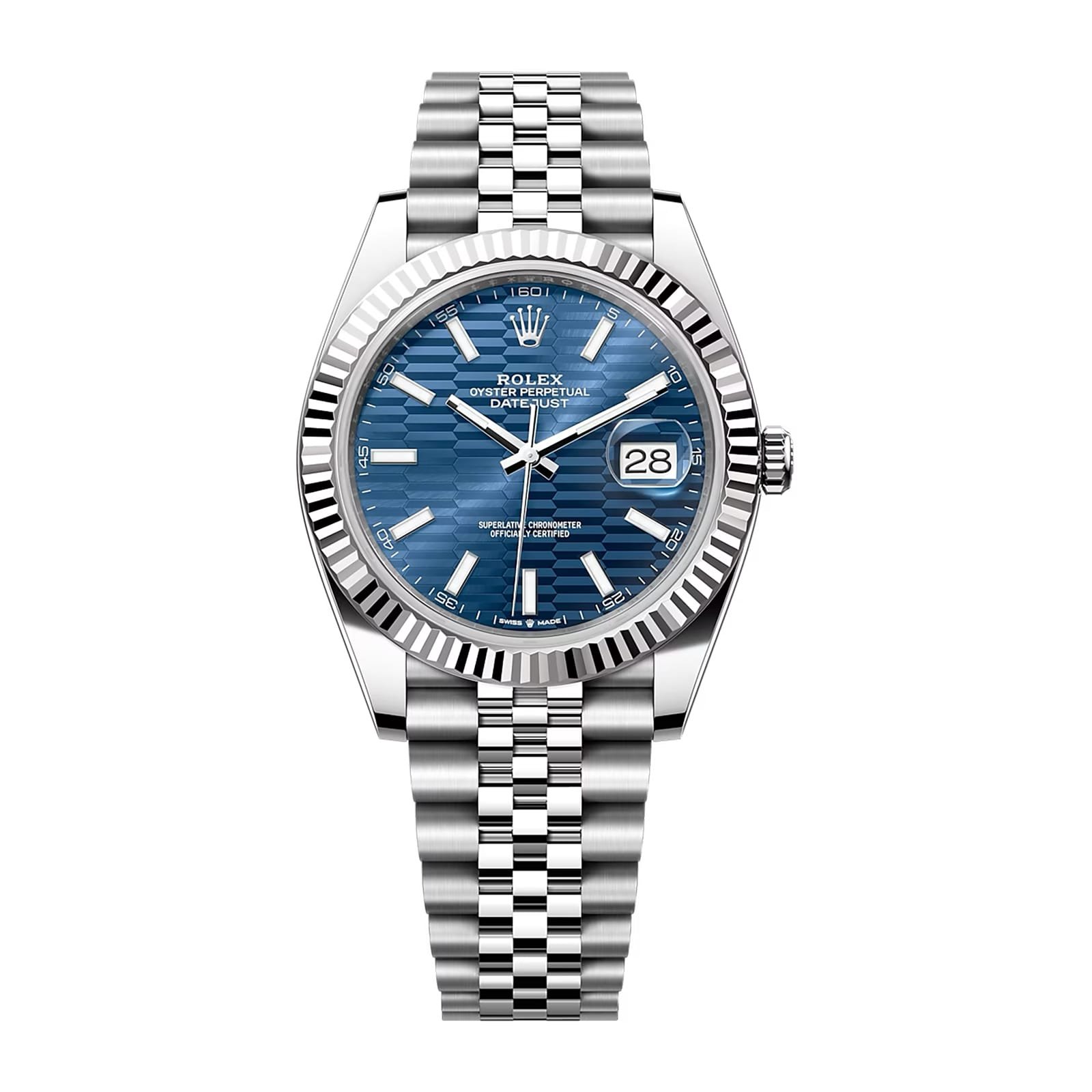 Fake Rolex Replica Watch Oyster Perpetual Datejust 41mm White Gold/Steel Blue Fluted Motif Index Dial Fluted Bezel Jubilee Bracelet M126334-0032