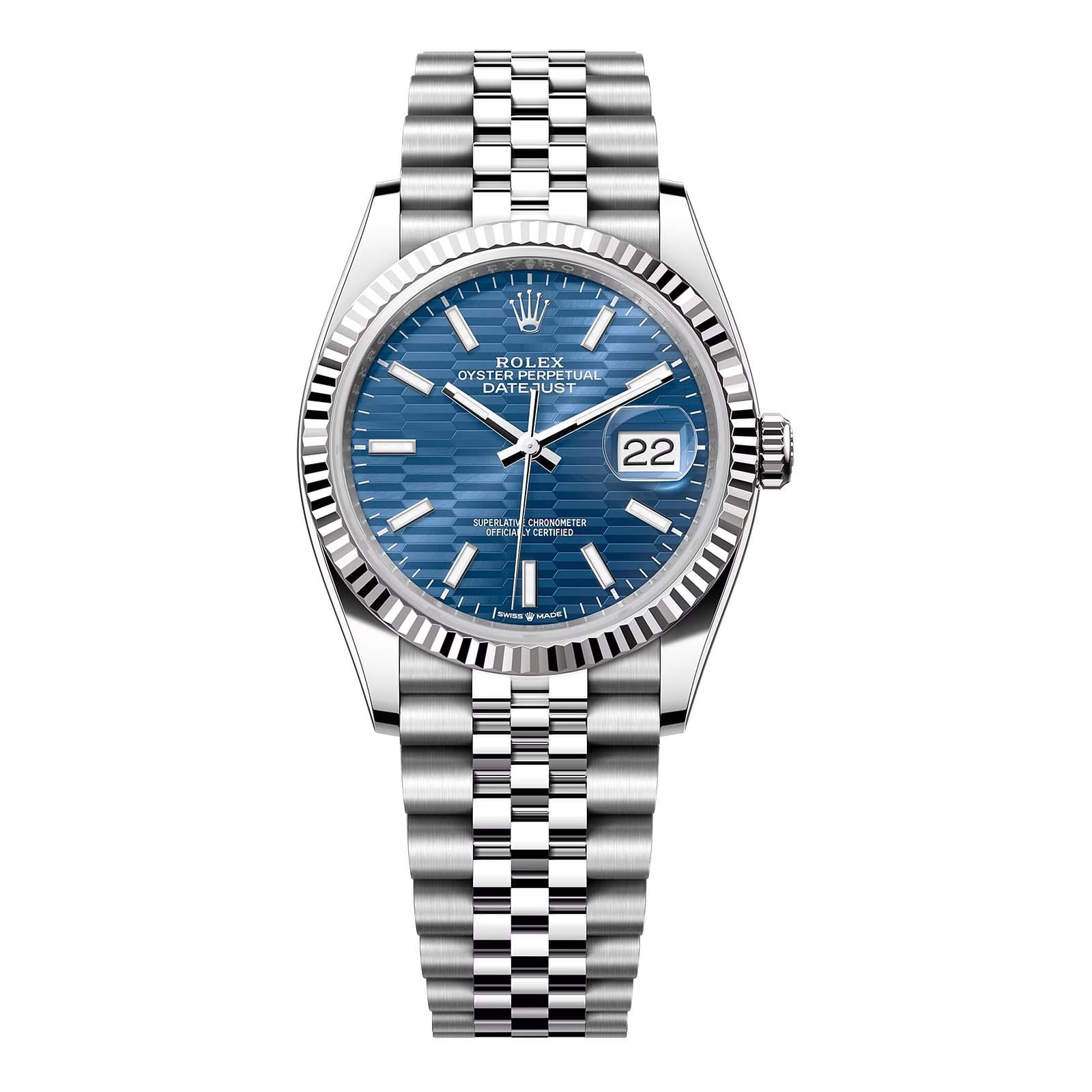 Fake Rolex Replica watches Oyster Perpertual 36mm Datejust White Gold/Steel Blue Fluted Motif Dial Fluted Bezel Jubilee Bracelet 126234