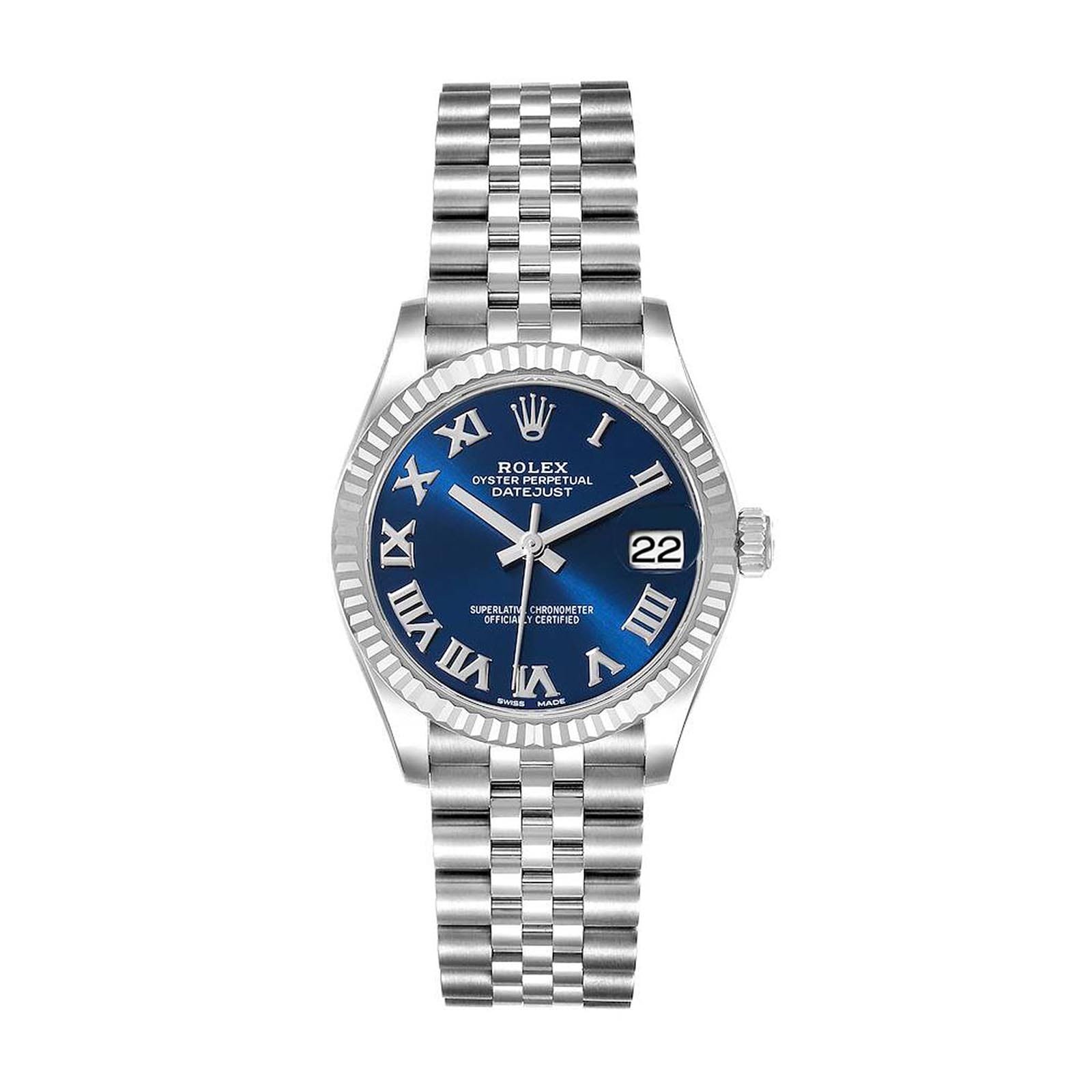 Rolex New Style Datejust Midsize Stainless Steel Fluted Bezel Blue Roman Dial