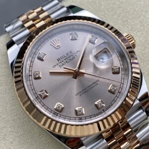 Super Clone Rolex replica watch Datejust 41 Rose Gold/Steel Sundust Diamond Dial Fluted Bezel Jubilee Bracelet 126331 Clean
