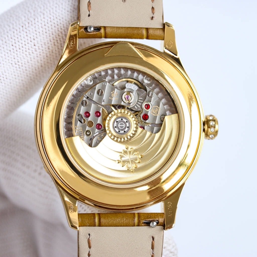 Fake diamond Watch Patek Philippe Replica 4936J-001 Complications Ladies Annual Calendar Moon Phase 37mm White Mother of Pearl Roman Diamond Bezel Yellow Gold Leather Date