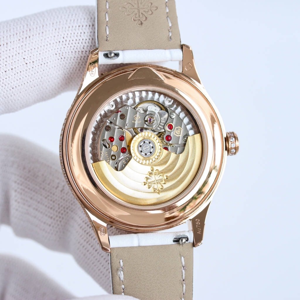 Fake Diamond Watch Patek Philippe Replica 4937R-001 Complications Ladies Annual Calendar Moon Phase 37mm White Mother of Pearl Arabic Rose Gold Diamond Set Leather Date