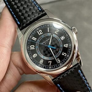 Fake Patek Philippe Replica Watch Calatrava Date Sweep Seconds White Gold Black Carbon Motif Dial Sky Blue 6007G-011 PPF