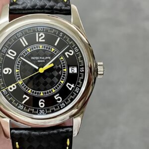 Fake Patek Philippe Replica Watch Calatrava Date Sweep Seconds White Gold Black Carbon Motif Yellow Dial 6007G-001 PPF