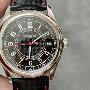 Fake Patek Philippe Replica Watch Calatrava Date Sweep Seconds White Gold Black Carbon Motif Dial Red 6007G-010 PPF