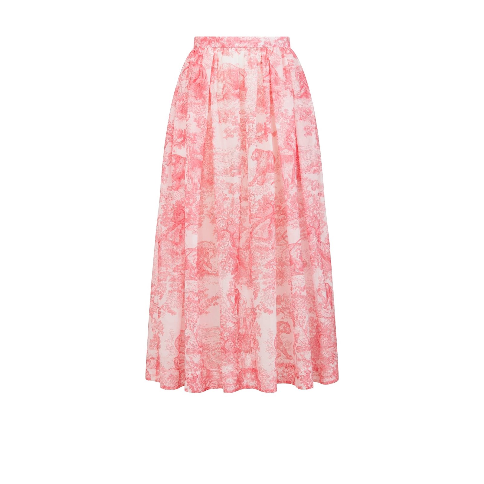 Dioriviera Flared Mid Length Skirt White and Candy Pink Cotton Muslin with Toile de Jouy Sauvage Motif
