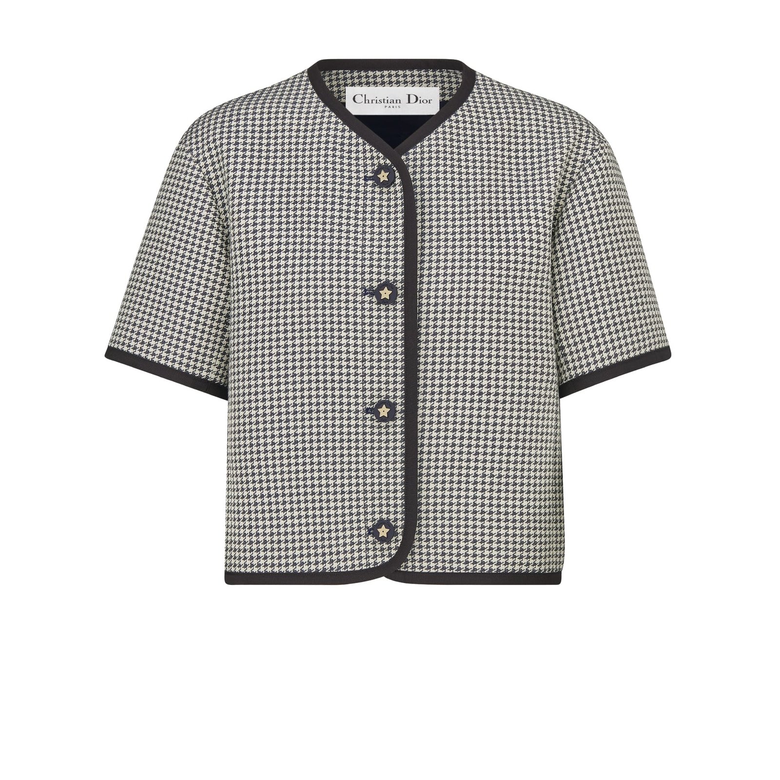 Dior Short Sleeved Jacket Blue and White Cotton Blend Jacquard with Micro Houndstooth Motif