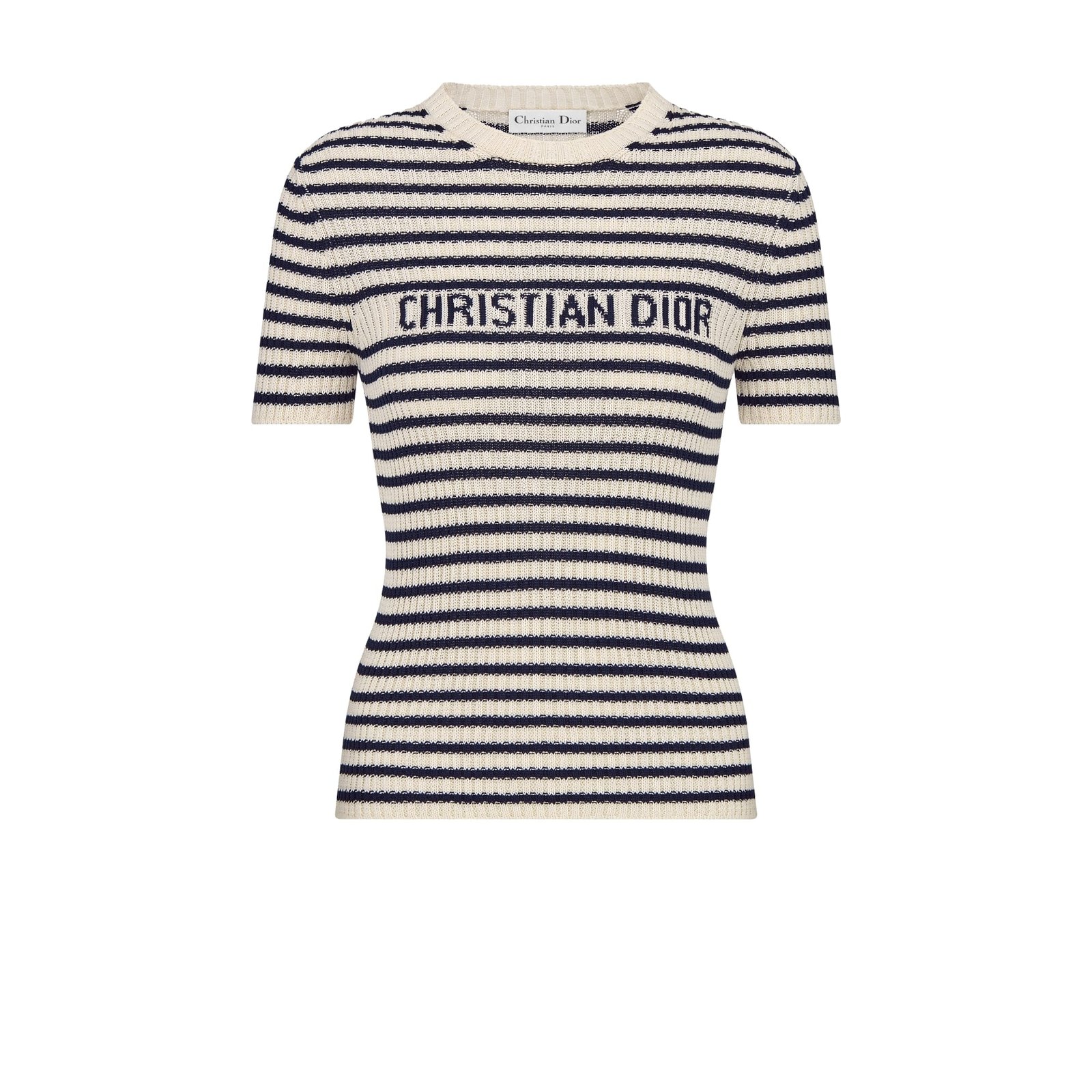 Dioriviera Short Sleeved Sweater White and Navy Blue Cotton Ribbed Knit with Dior Mariniere Motif