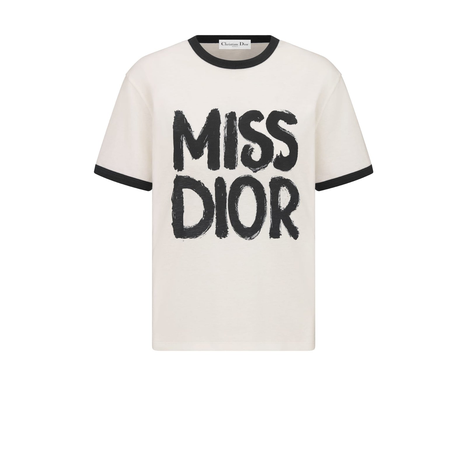 Dior T Shirt White Cotton and Linen Jersey with Black Miss Dior Graffiti Motif