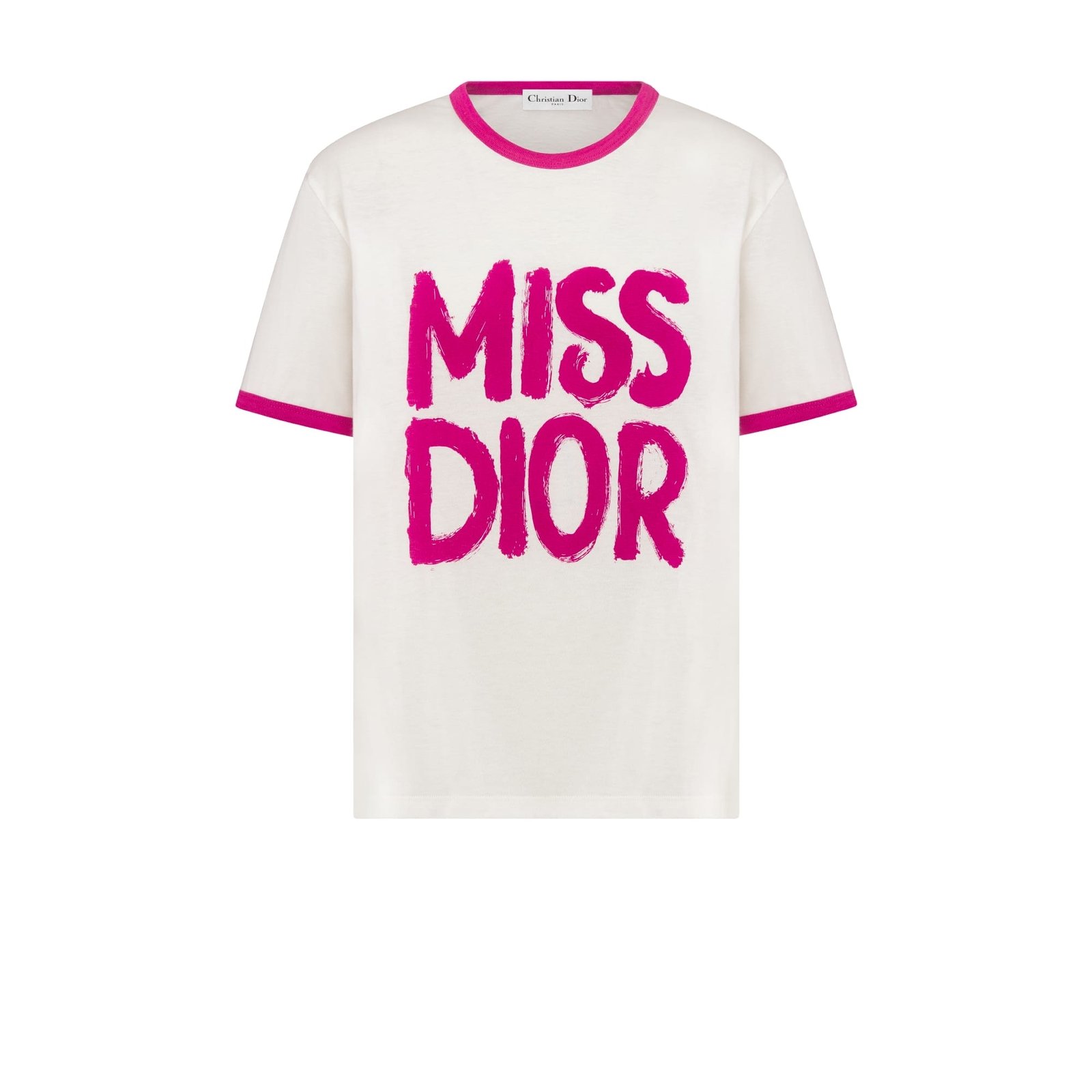 Dior T Shirt White Cotton and Linen Jersey with Fuchsia Miss Dior Graffiti Motif