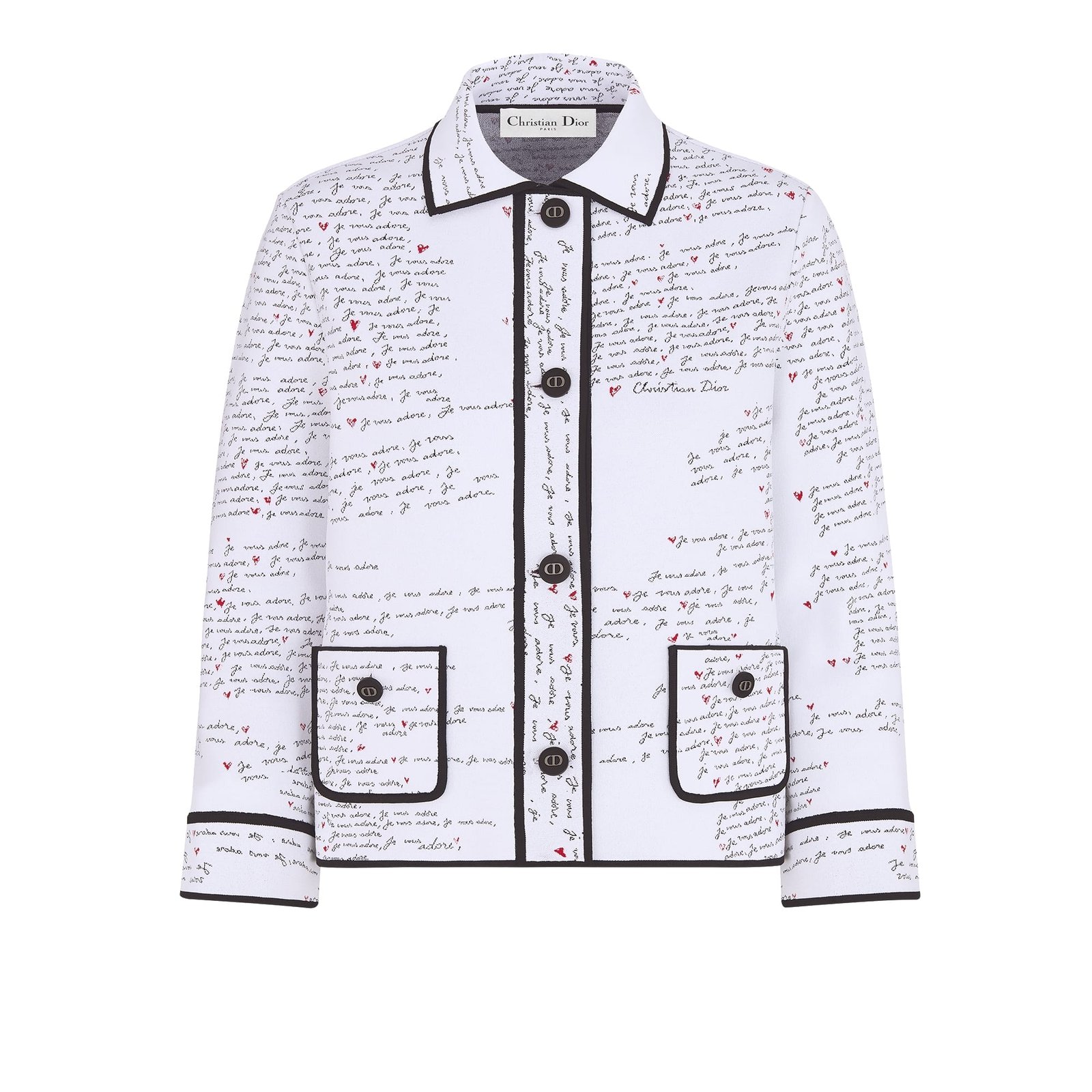 Dioramour Cropped Jacket White Technical Knit with Black and Red Je Vous Adore Motif