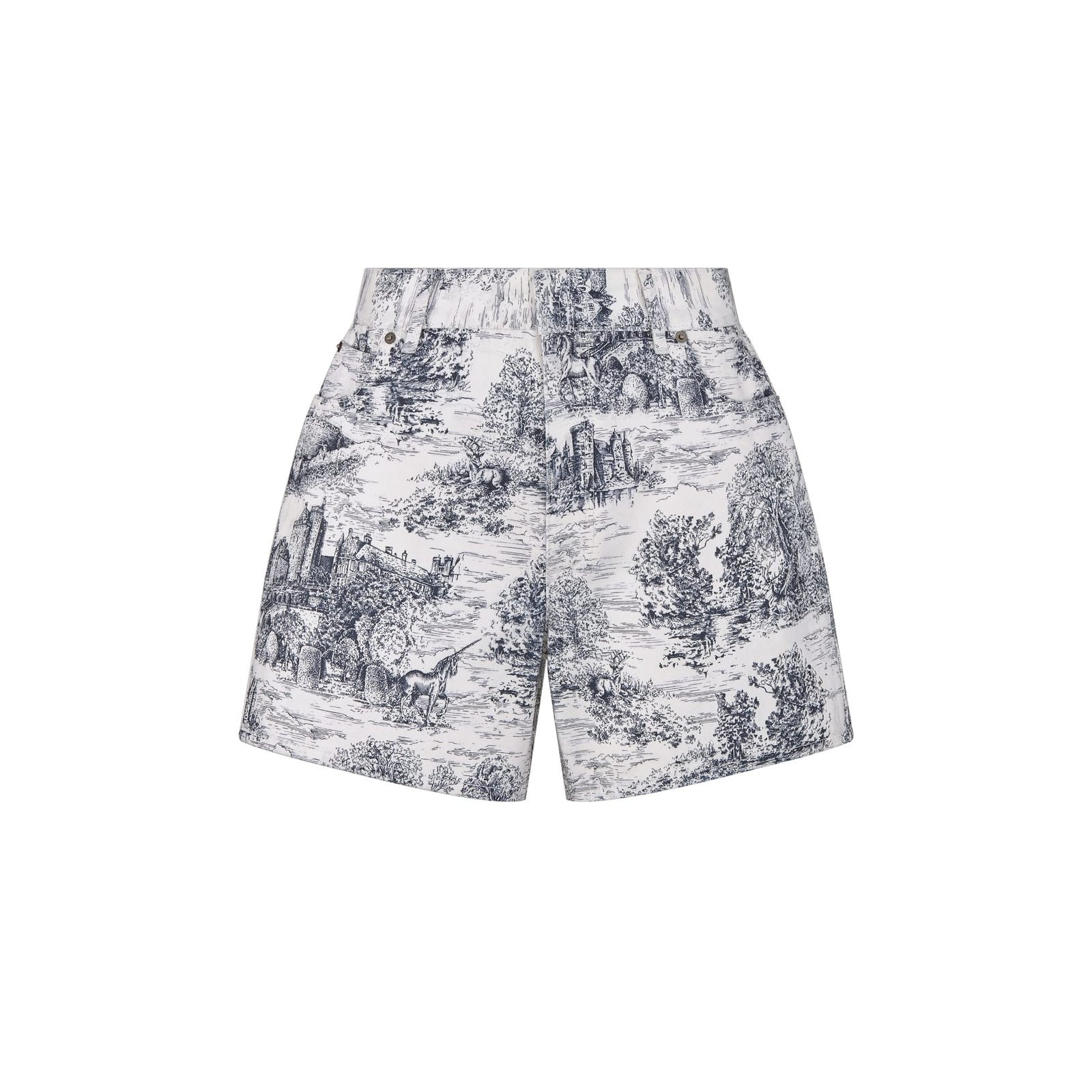 Dior Shorts White Cotton Denim with Blue Toile de Jouy Scotland Motif