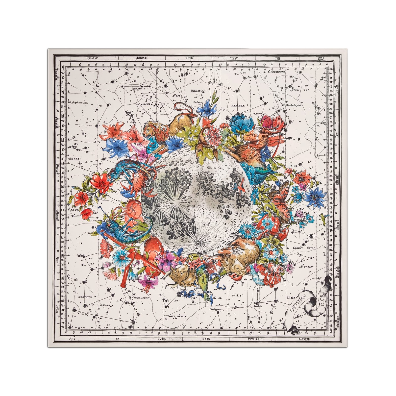 Dior Zodiac 90 Square Scarf White Silk Twill
