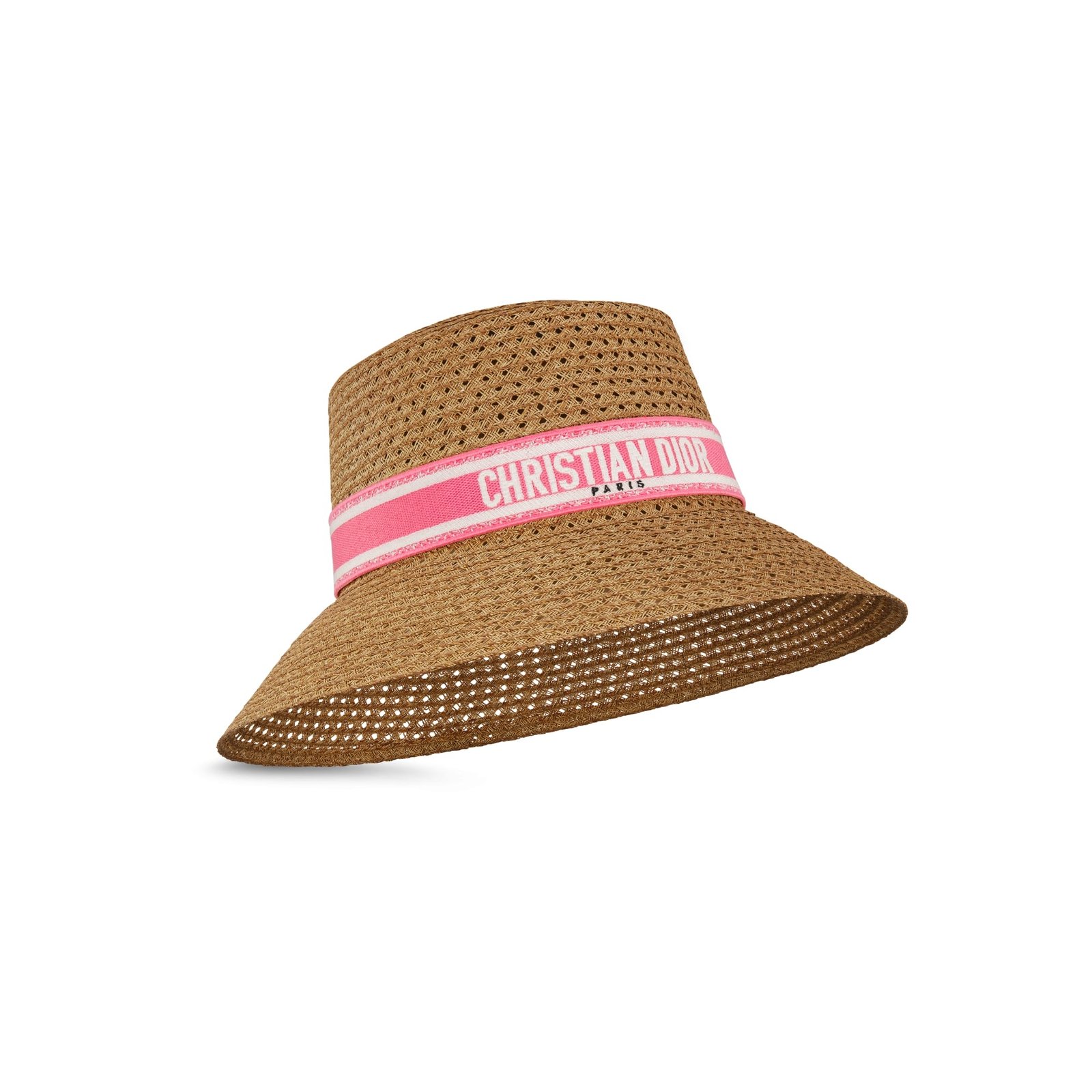 Dioriviera D-Bobby Large Brim Hat Straw with Candy Pink and White Embroidered Band
