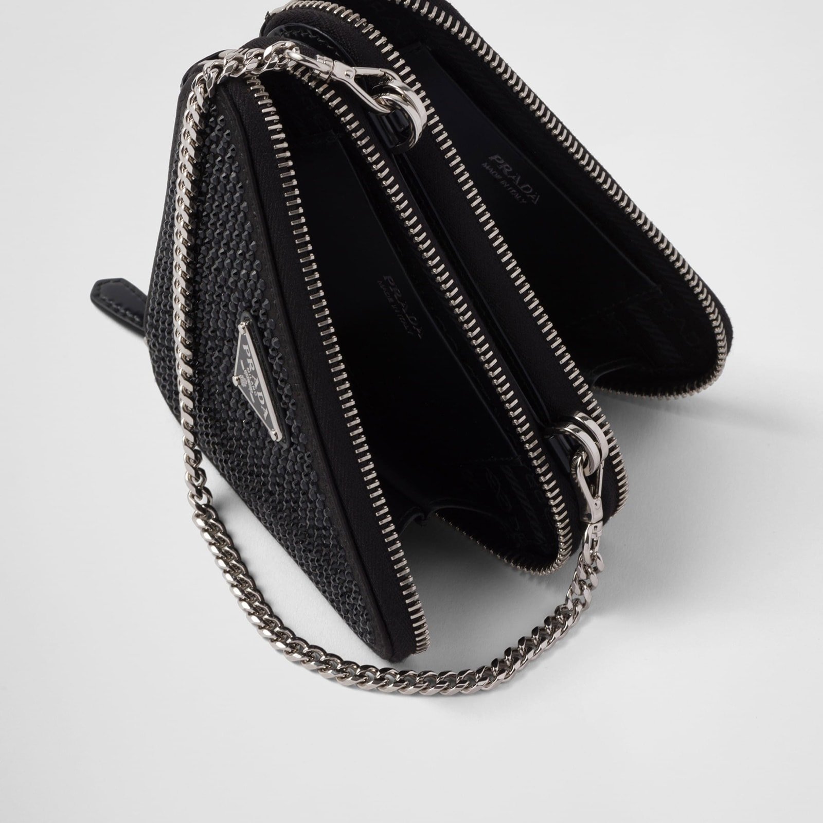 Replica Designer Bag Prada Triangular Embellished Satin And Leather Mini-Pouch - Image 5