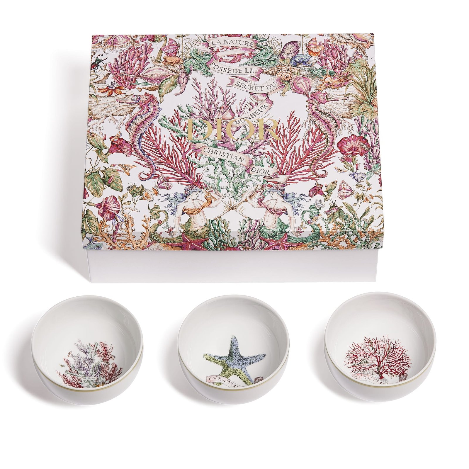 DIOR Set of Three Bowls White Limoges Porcelain with Multicolor Dior Cabinet de la Mer Motif