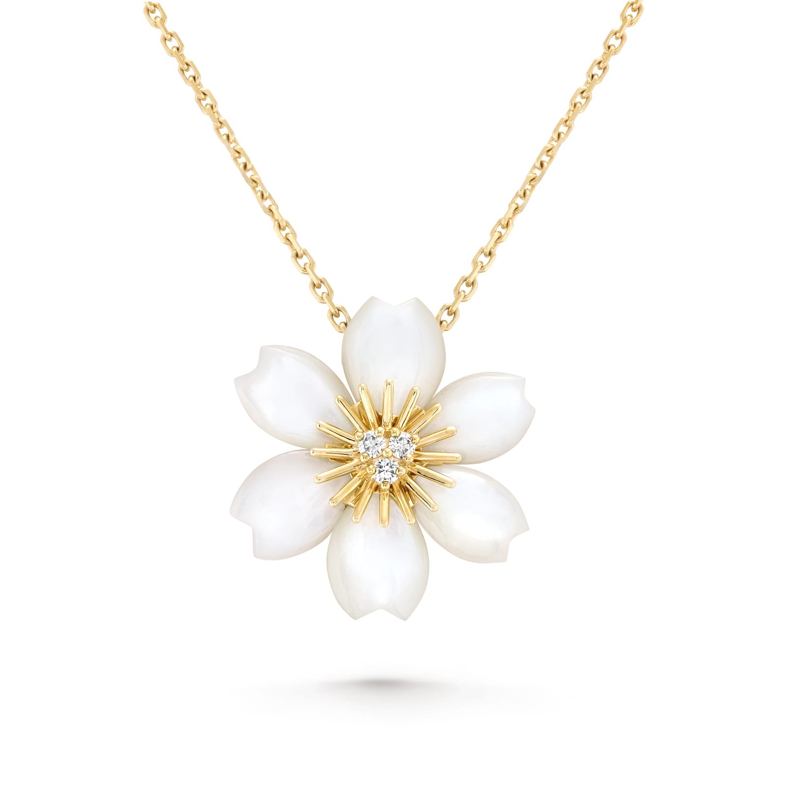 Van Cleef & Arpels Rose De Noel Pendant Mini Model 18K Yellow Gold Diamond Mother-Of-Pearl