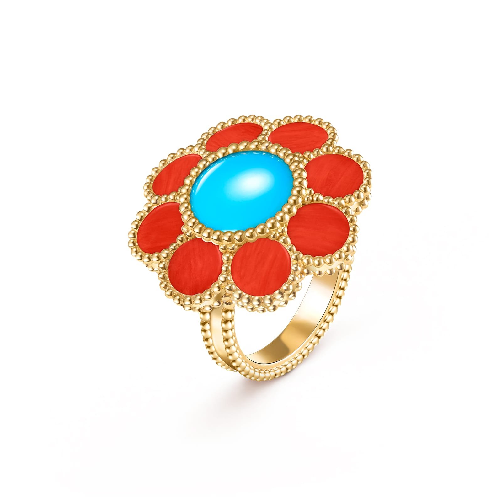 Van Cleef & Arpels Paquerette Ring 18K Yellow Gold Coral Turquoise