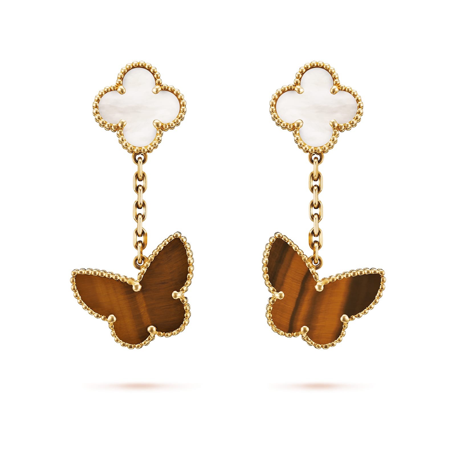 Van Cleef & Arpels Lucky Alhambra Earrings 2 Motifs 18K Yellow Gold Mother-Of-Pearl Tiger Eye