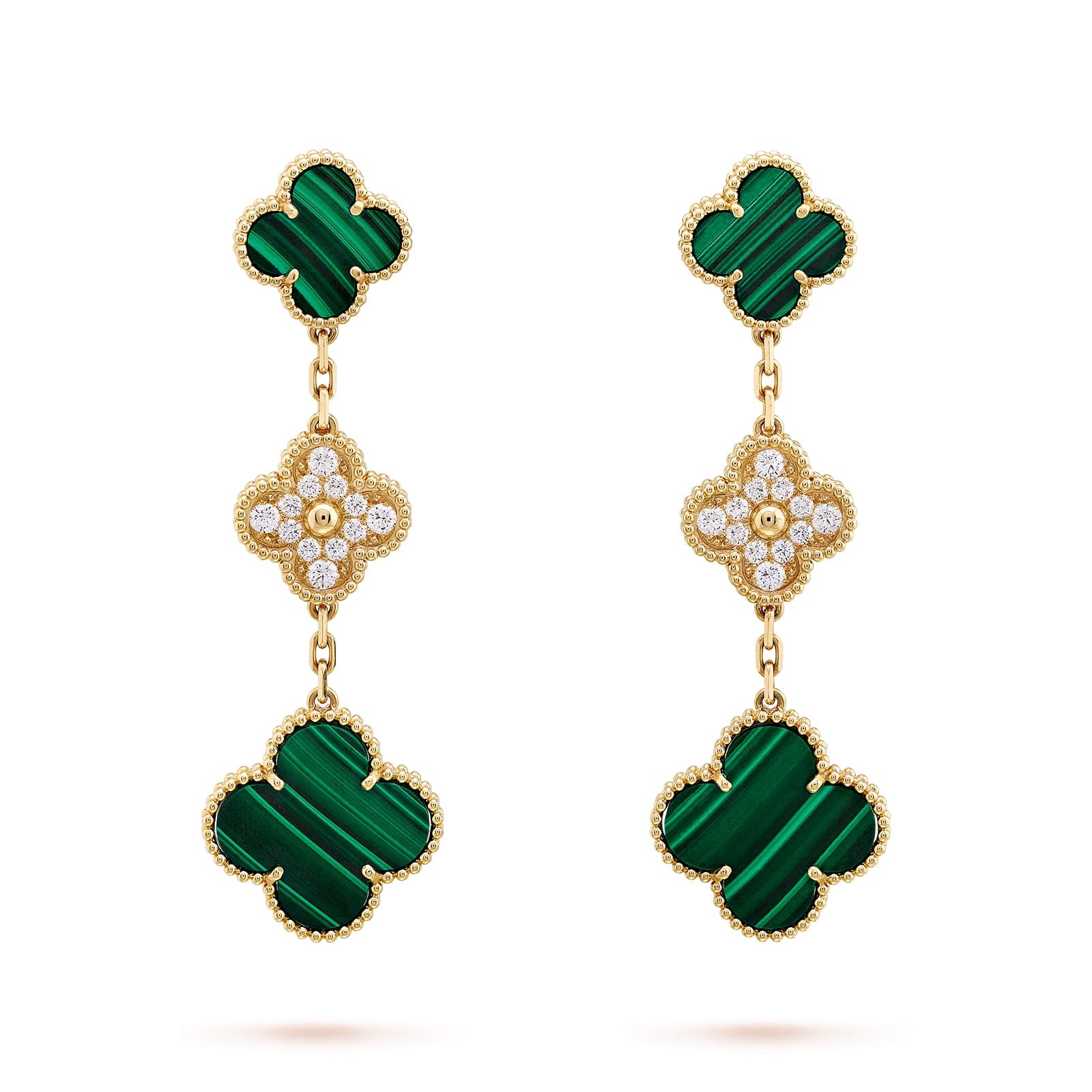 Van Cleef & Arpels Magic Alhambra Earrings 3 Motifs 18K Yellow Gold Diamond Malachite