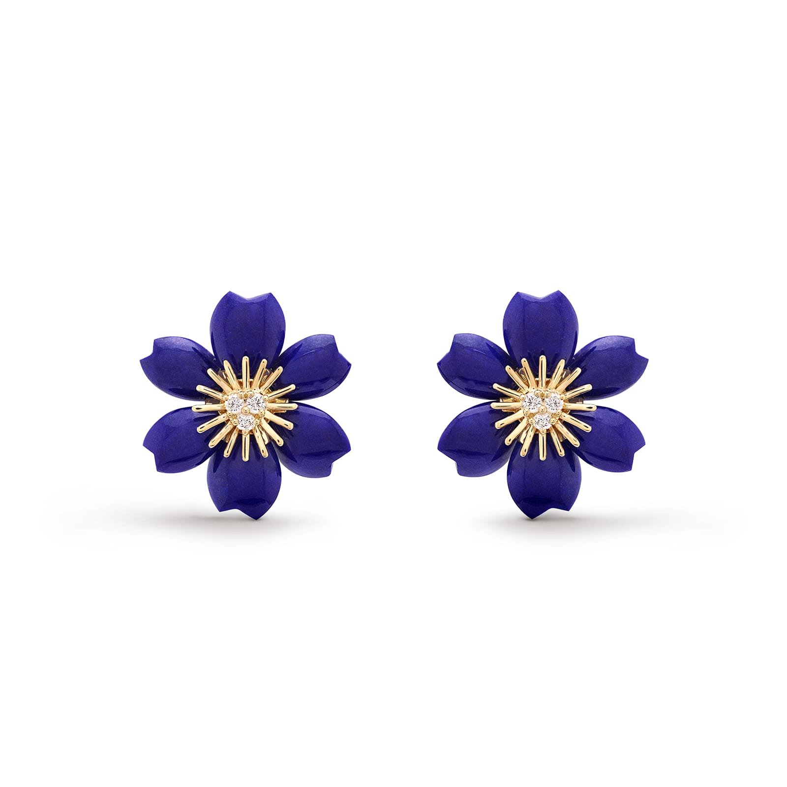 Van Cleef & Arpels Rose De Noel Earrings Mini Model 18K Yellow Gold Diamond Lapis Lazuli