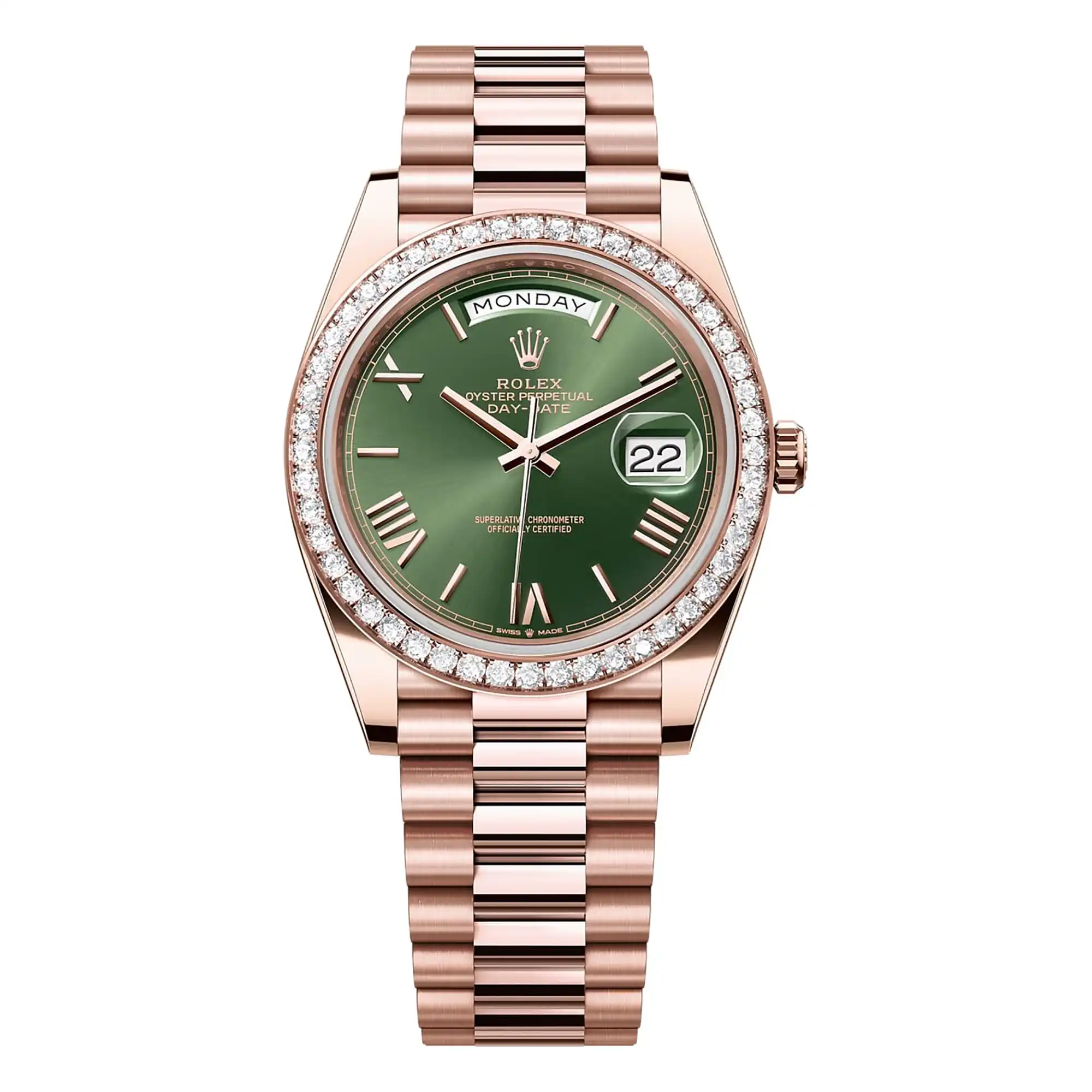 BEST FAKE ROLEX REPLICA WATCH DAY DATE 40 PRESIDENT ROSE GOLD OLIVE GREEN ROMAN M228345RBR 0011