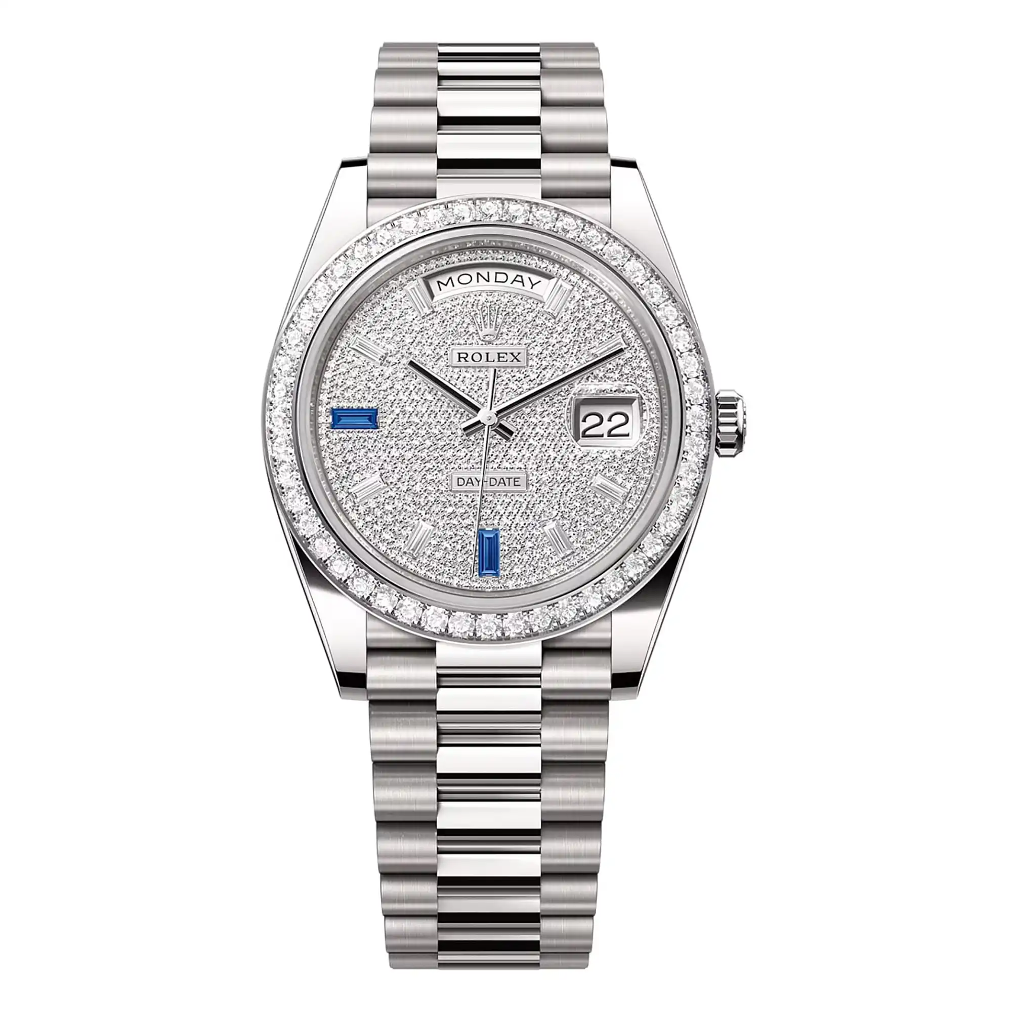 REPLICA ROLEX ICED OUT WATCH DAY DATE 40 PRESIDENT WHITE GOLD DIAMOND PAVED ROLEX M228349RBR 0036