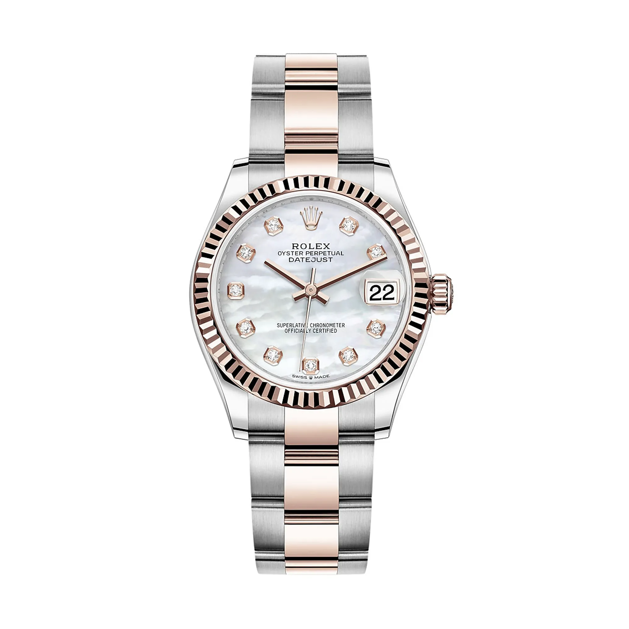 rolex replica watch Datejust 31 Rose Gold/Steel White Mother of Pearl Dial & Fluted Bezel Oyster Bracelet 278271