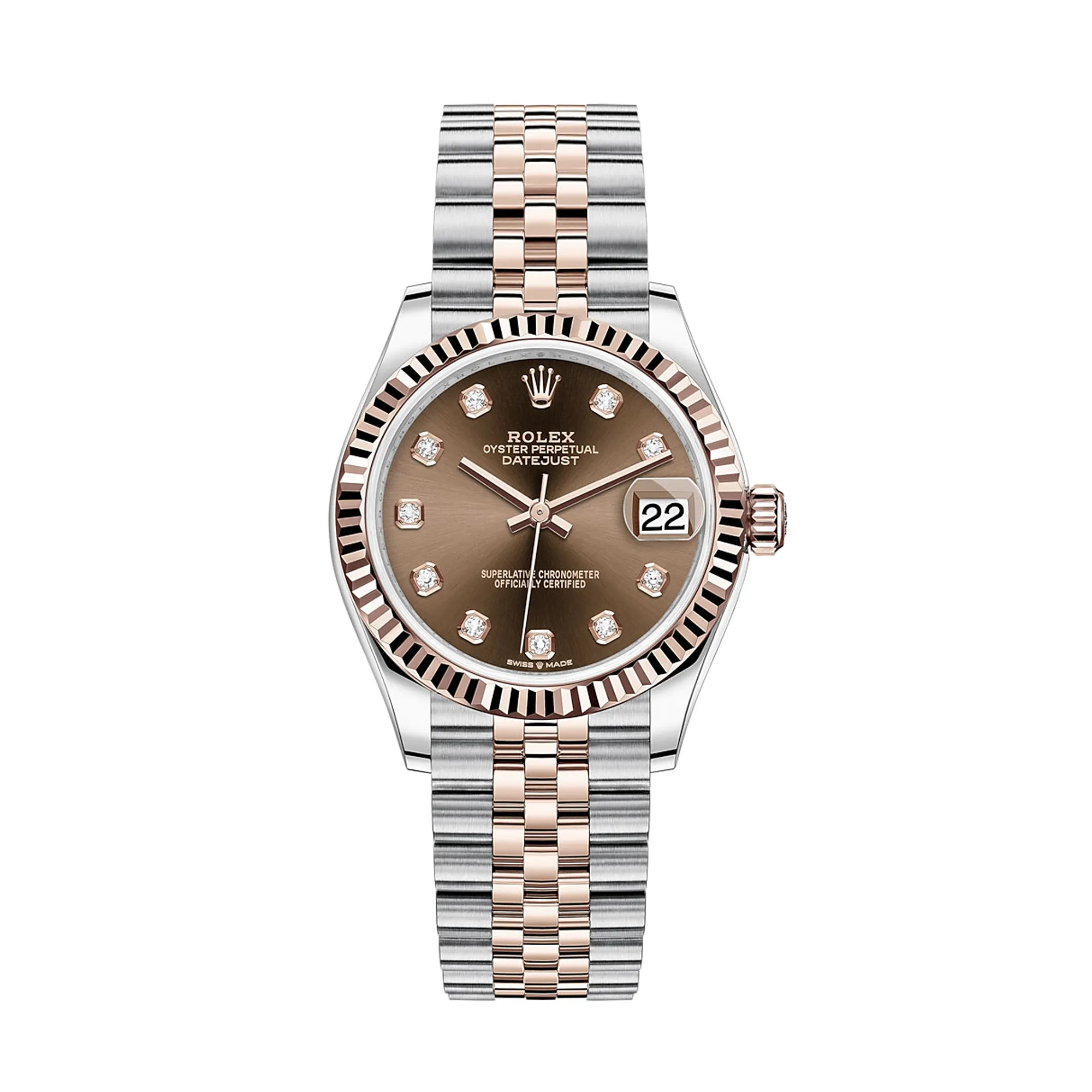 Fake Rolex Replica Watches Datejust 31 Rose Gold/Steel Chocolate Dial & Fluted Bezel Jubilee Bracelet M278271-0028