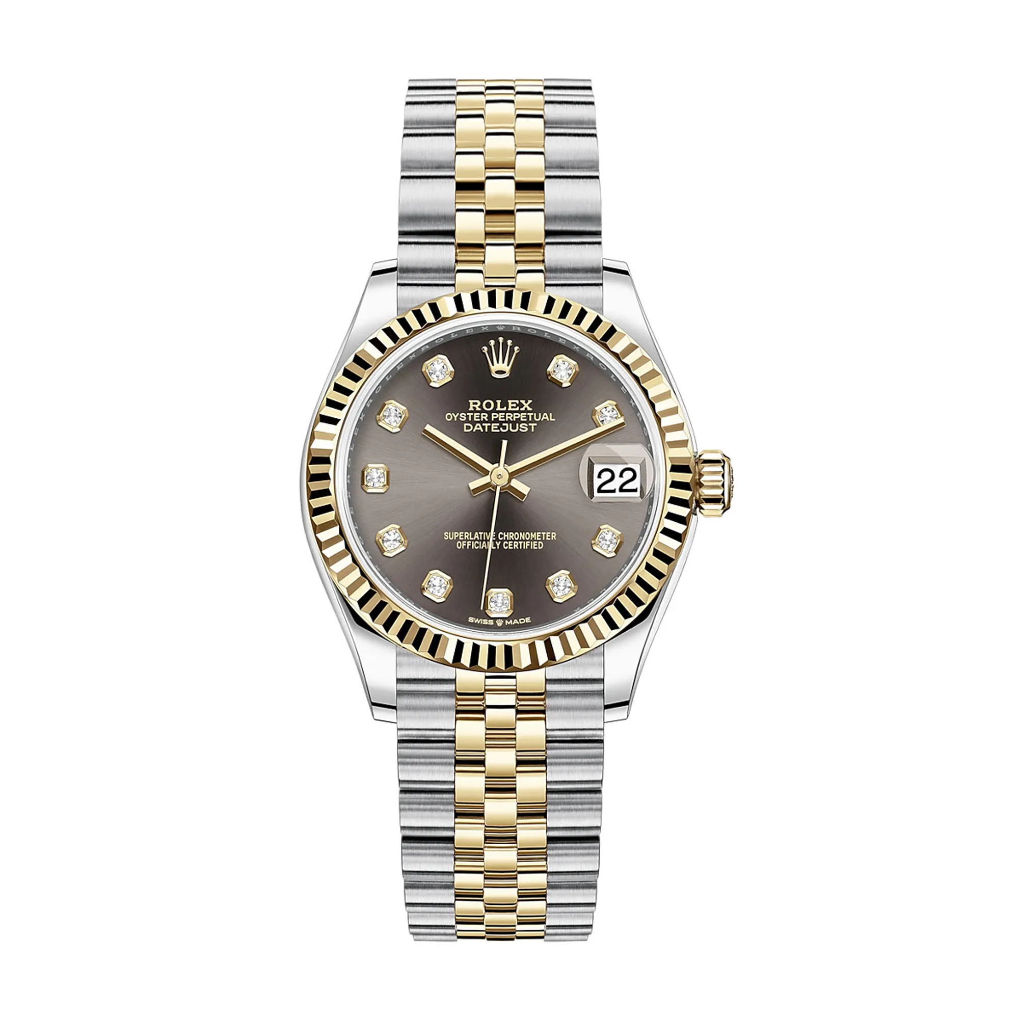 Fake Rolex Replica Watches Lady-Datejust 31 Yellow Gold/Steel Dark Grey Diamond Dial & Fluted Bezel Jubilee Bracelet M278273-0022