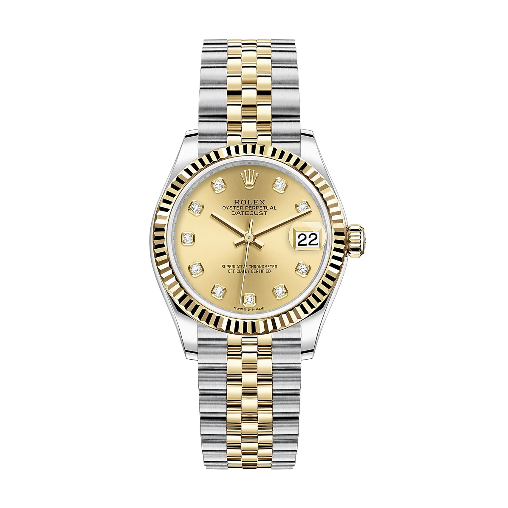 Fake Rolex Replica Watches Lady-Datejust 31 Yellow Gold/Steel Champagne Diamond Dial & Fluted Bezel Jubilee Bracelet M278273-0026