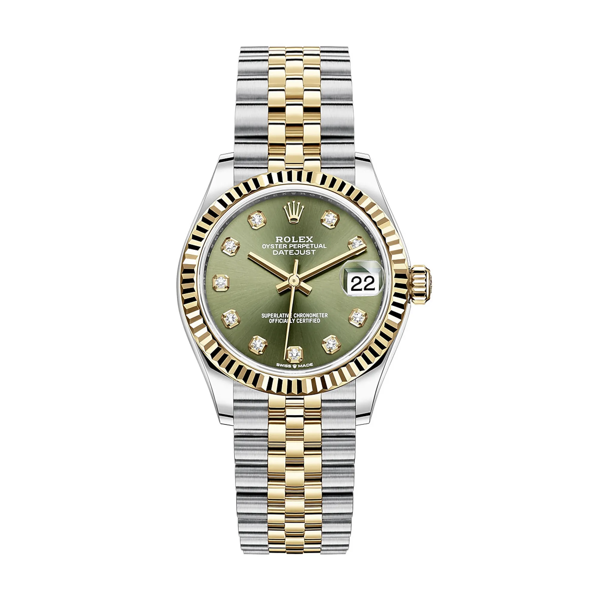 Fake Rolex Replica Watches Lady-Datejust 31 Yellow Gold/Steel Olive Green Diamond Dial & Fluted Bezel Jubilee Bracelet M278273-0030