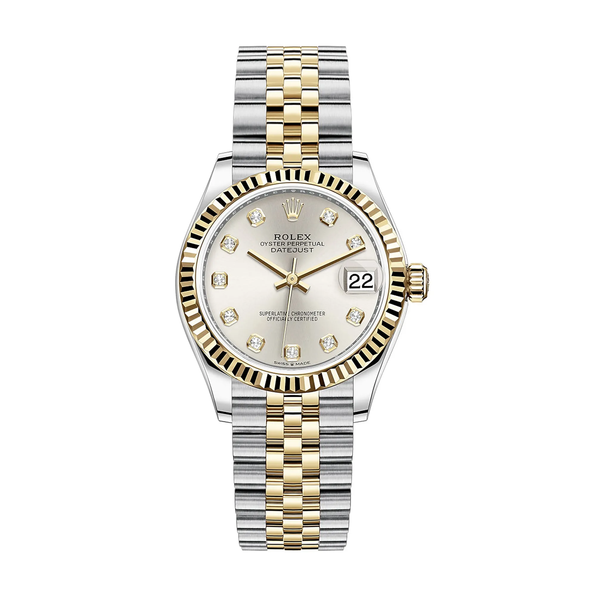 Fake Rolex Replica Watches Lady-Datejust 31 Yellow Gold/Steel Silver Diamond Dial & Fluted Bezel Jubilee Bracelet M278273-0020