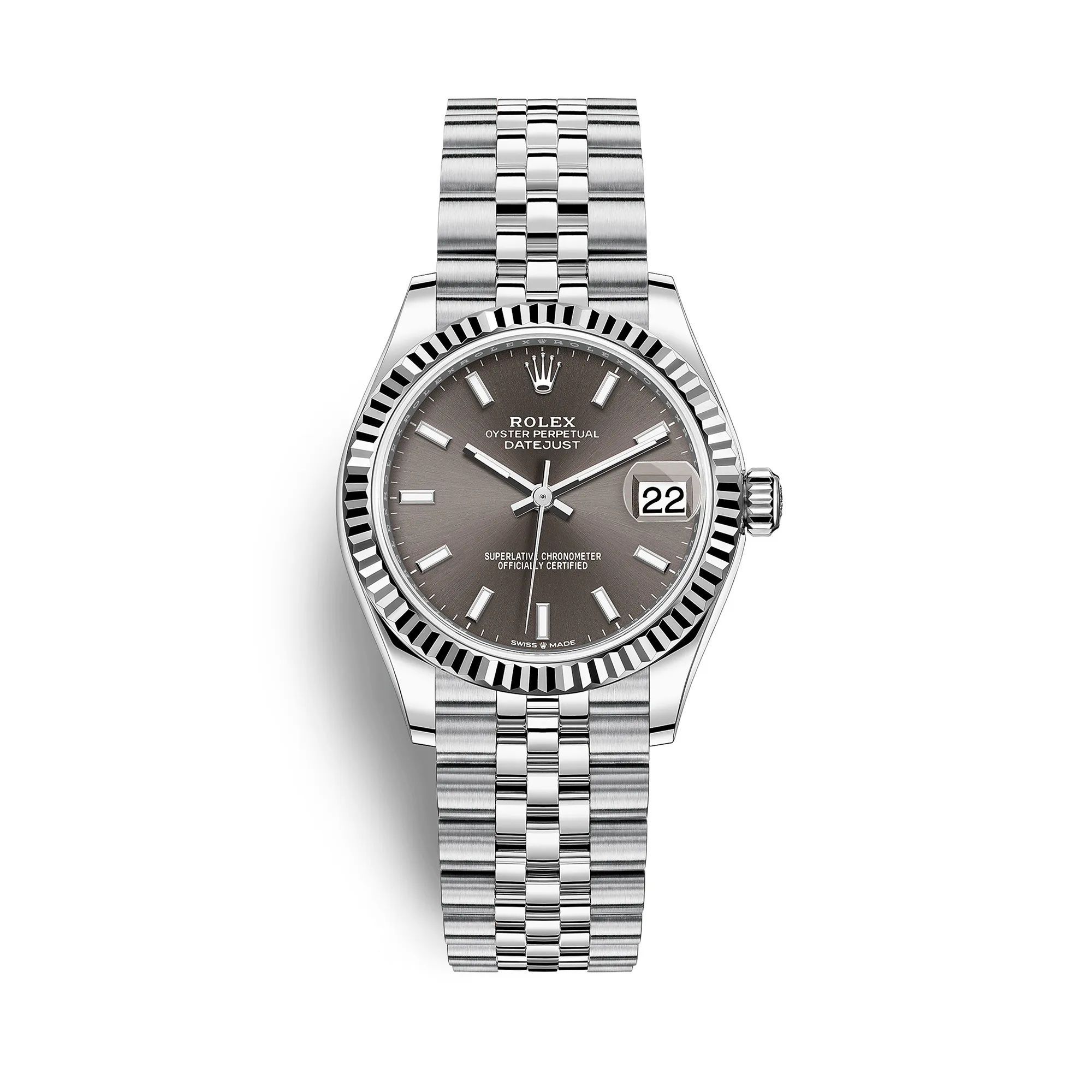 Fake Rolex Replica Watches Datejust 31 White Gold/Steel Dark Grey Index Dial & Fluted Bezel Jubilee Bracelet M278274-0016