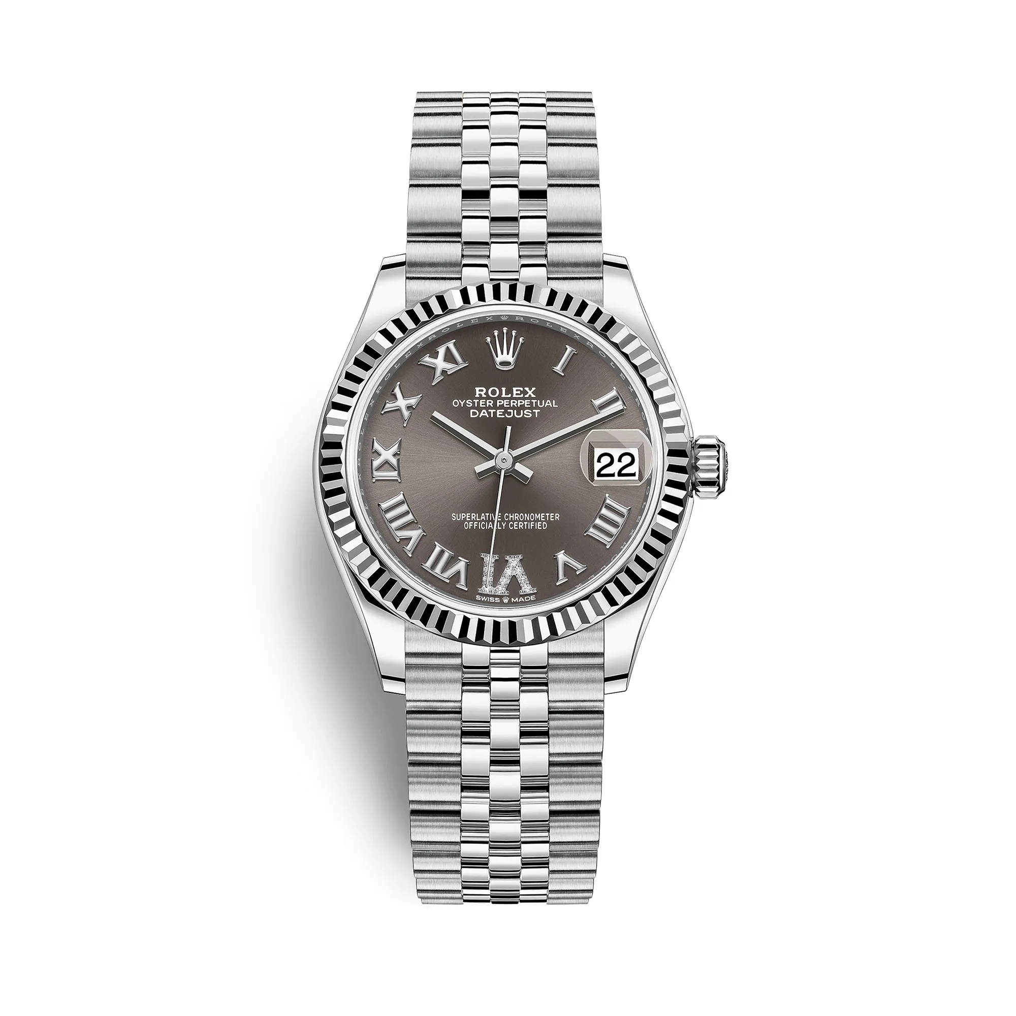 Fake Rolex Replica Watches Datejust 31 White Gold/Steel Dark Grey Roman Diamond VI Dial & Fluted Bezel Jubilee Bracelet 278274