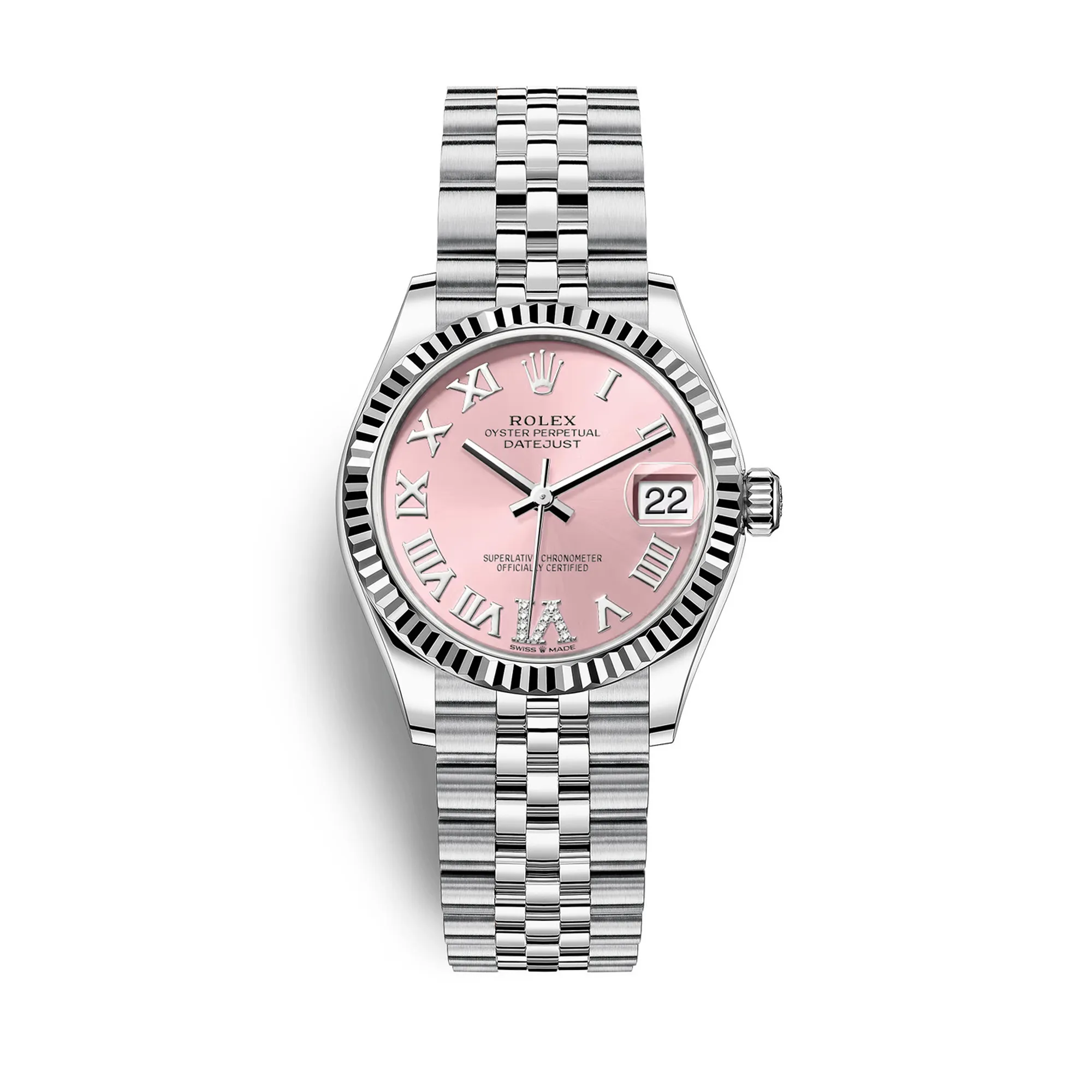 Fake Rolex Replica Watches Datejust 31 White Gold/Steel Pink Roman Diamond VI Dial & Fluted Bezel Jubilee Bracelet M278274-0024