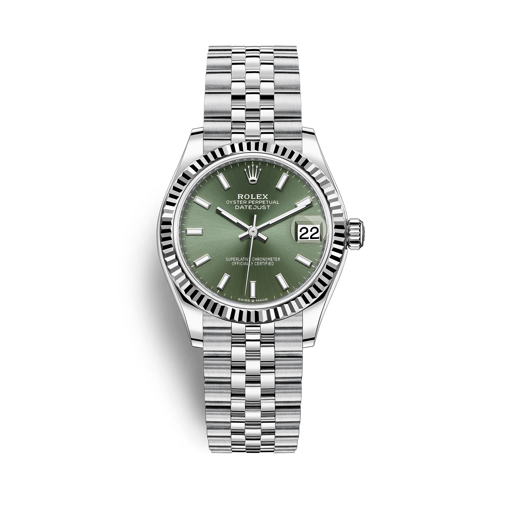Fake Rolex Replica Watches Womens Datejust 31 White Gold/Steel Mint Green Index Dial & Fluted Bezel Jubilee Bracelet M278274-0018