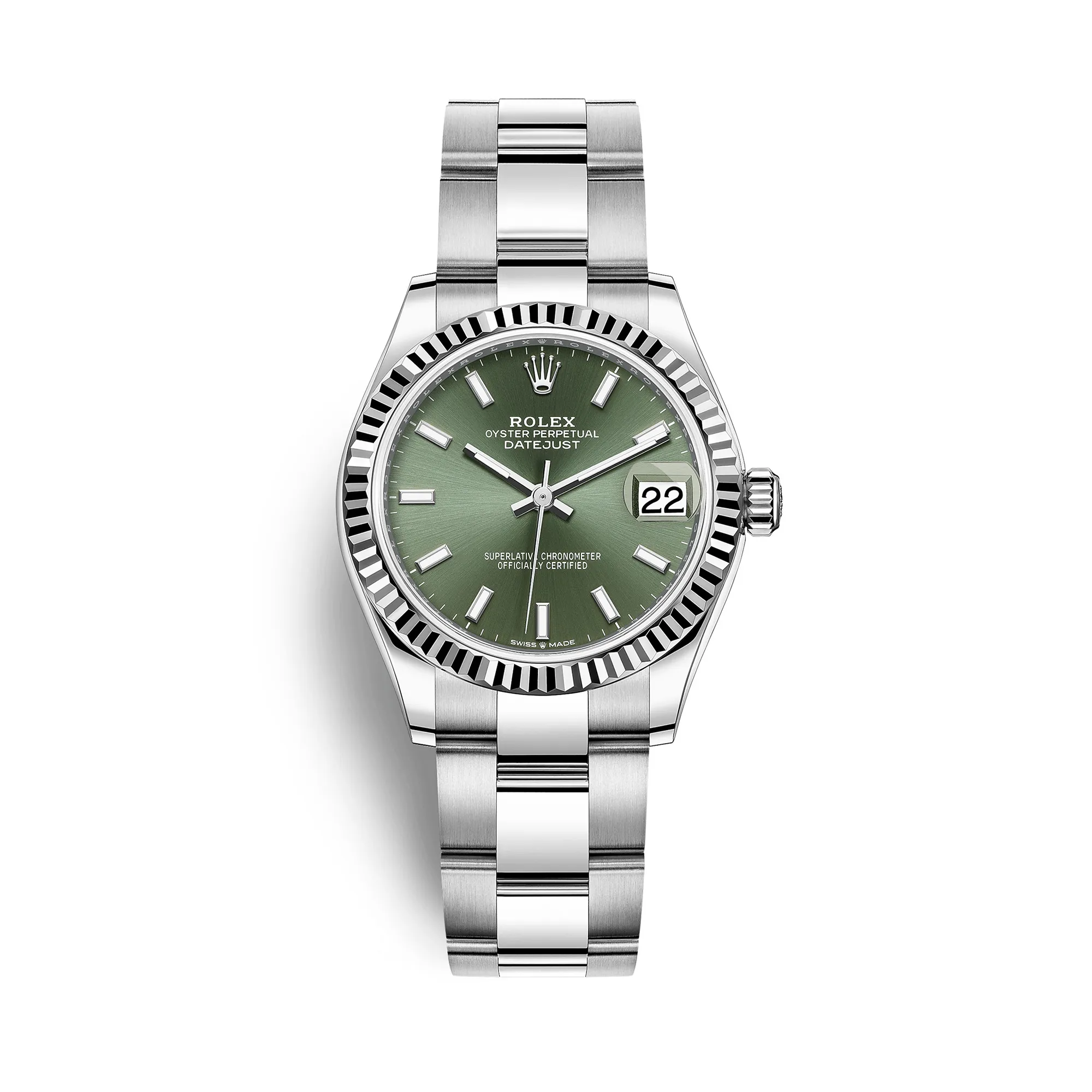 rolex replica watch Datejust 31 White Gold/Steel Mint Green Index Dial & Fluted Bezel Oyster Bracelet 278274