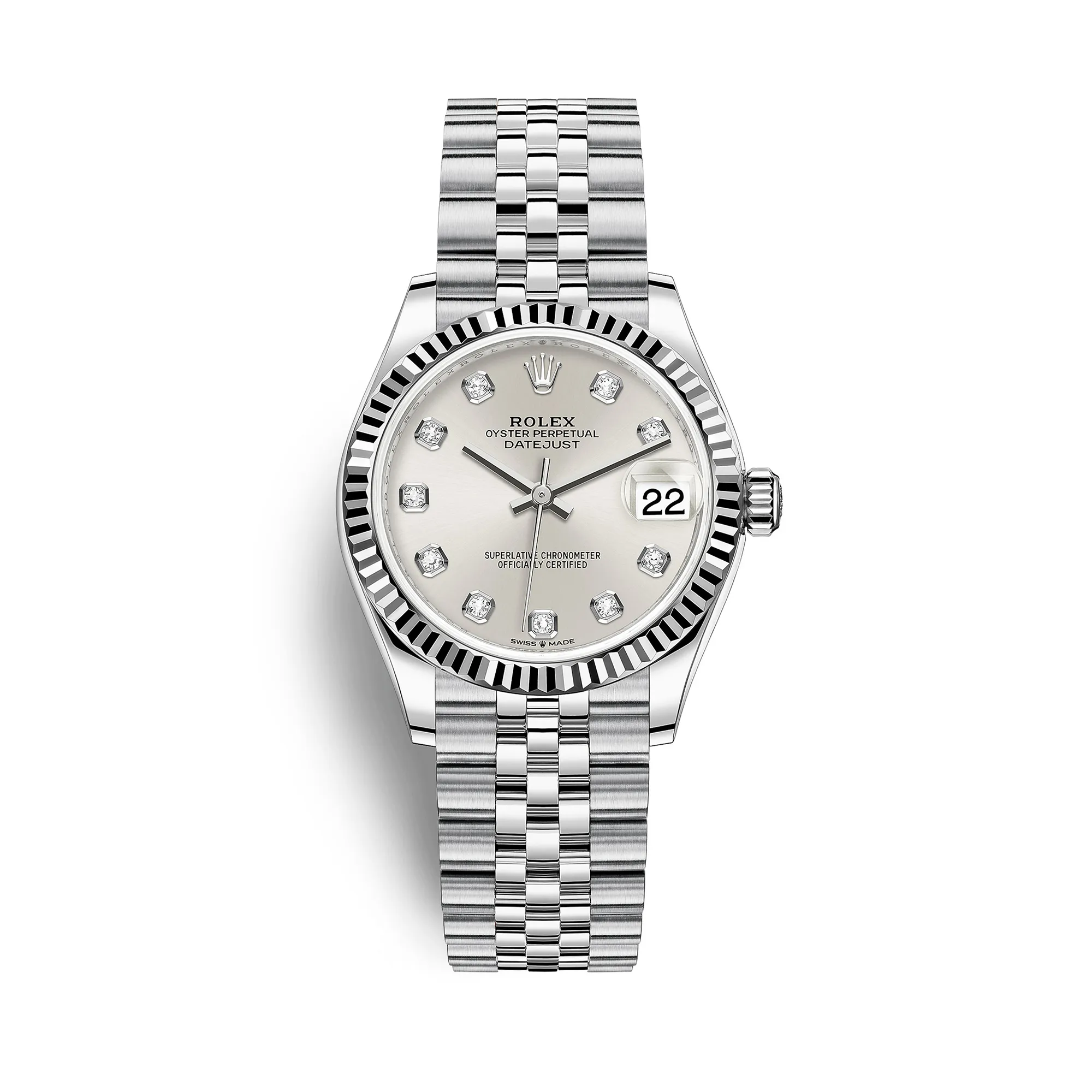 Fake Rolex Replica Watches Datejust 31 White Gold/Steel Silver Diamond Dial & Fluted Bezel Jubilee Bracelet 278274